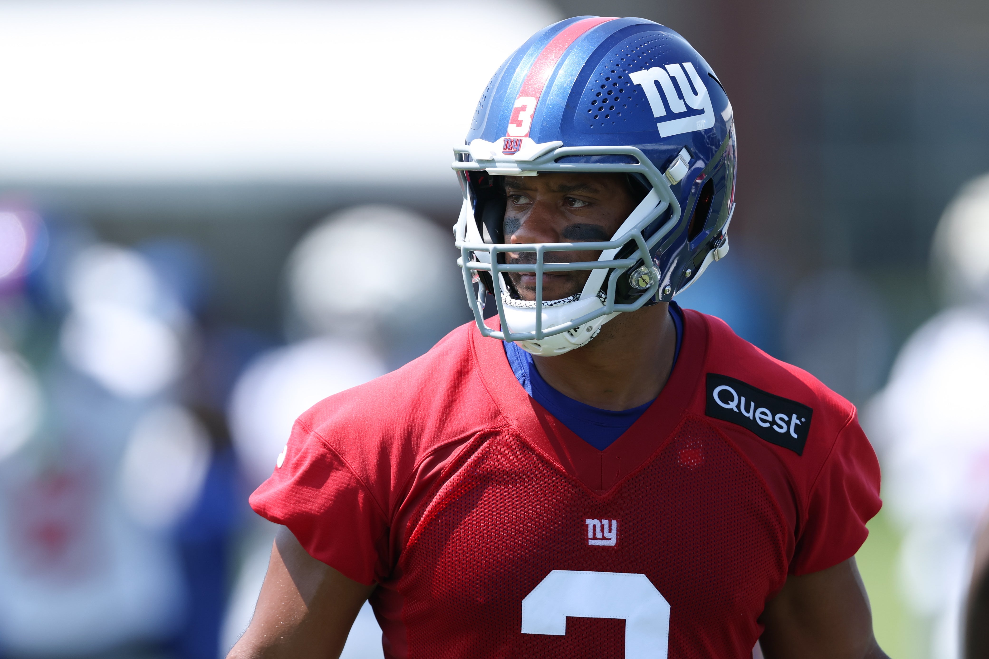 Jul 24, 2025; East Rutherford, NJ, USA; New York Giants quarterback Russell Wilson (3) looks on during training camp at Quest Diagnostics Training Center.