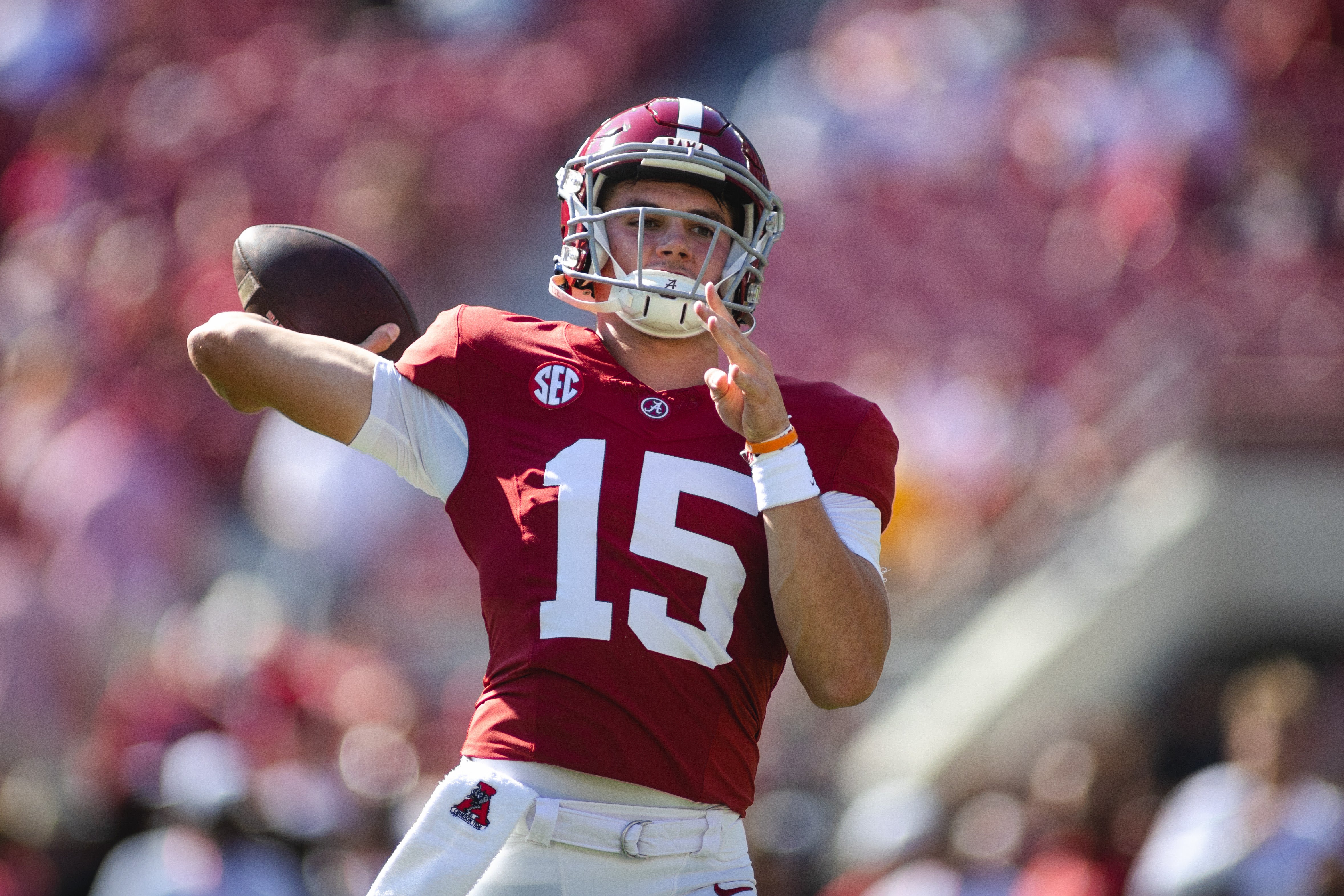 Oct 26, 2024; Tuscaloosa, Alabama, USA; Alabama Crimson Tide quarterback Ty Simpson (15) makes a throw during warmups before a game against the Missouri Tigers at Bryant-Denny Stadium. Mandatory Credit: Will McLelland-Imagn Images