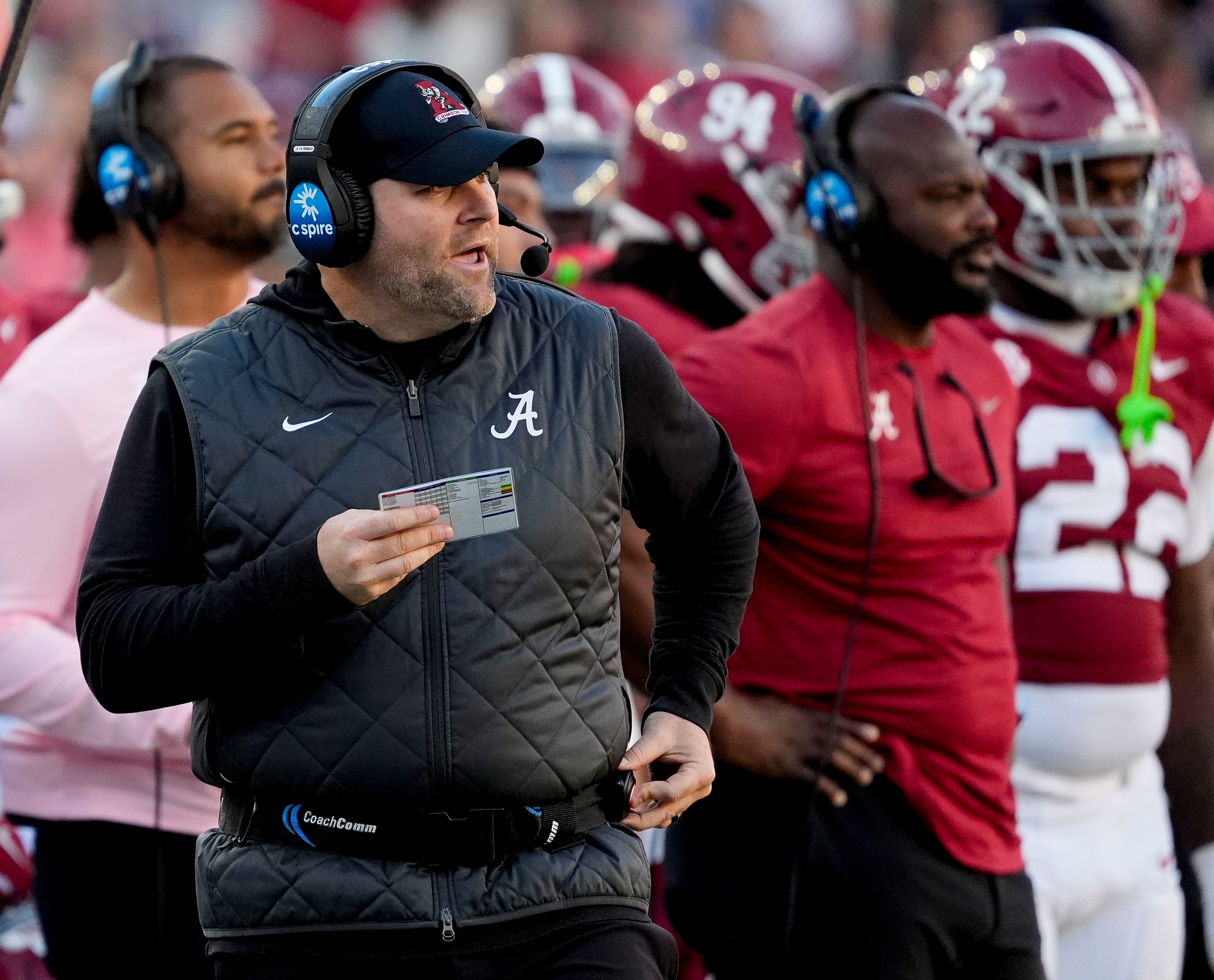 Nov 16, 2024; Tuscaloosa, AL, USA; Alabama defensive coordinator Kane Wommack calls defensive plays during the game with Mercer at Bryant-Denny Stadium. Alabama defeated Mercer 52-7. Mandatory Credit: Gary Cosby Jr.-Tuscaloosa News