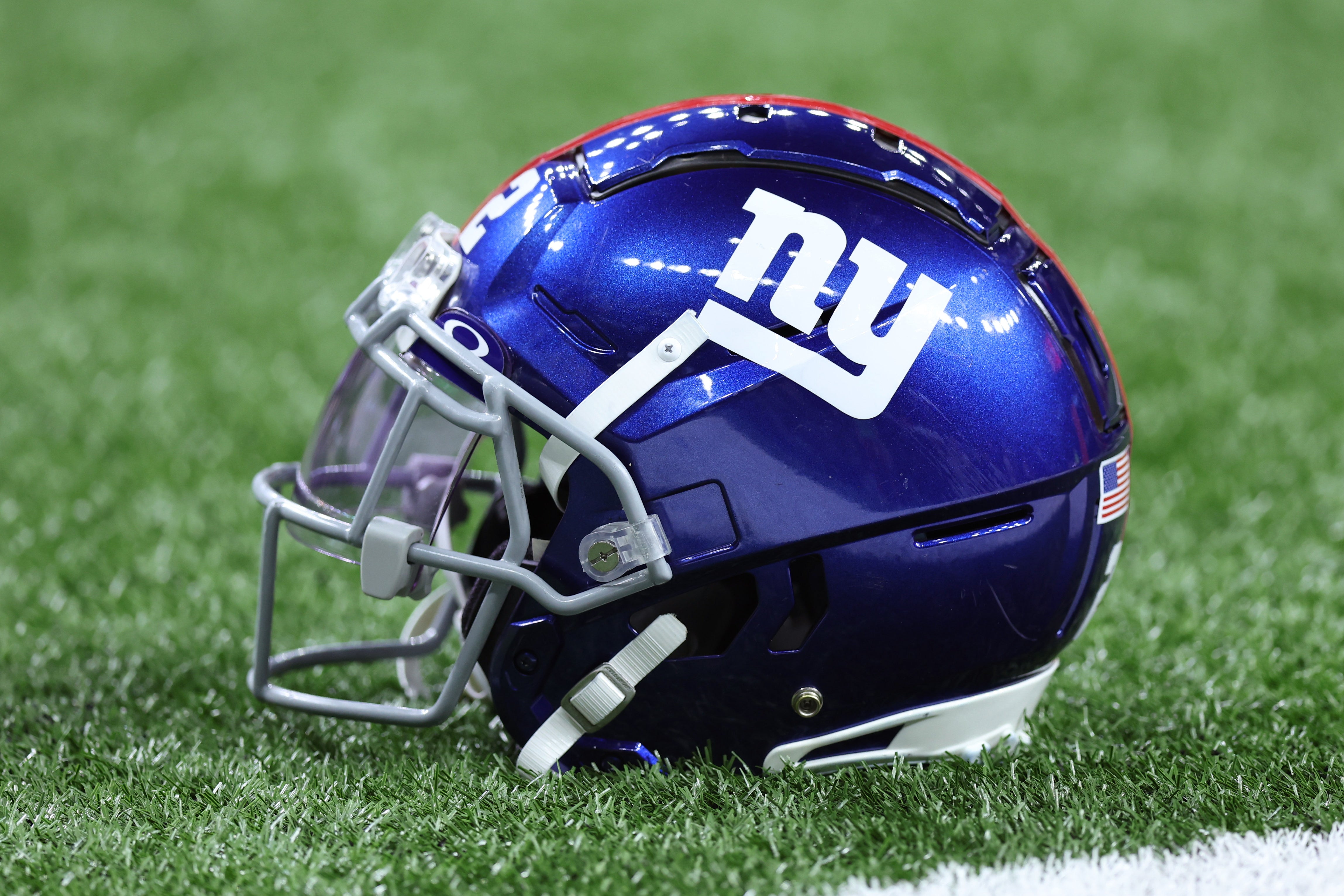 Dec 17, 2023; New Orleans, Louisiana, USA; A detailed view of a New York Giants helmet before the game against the New Orleans Saints at Caesars Superdome.