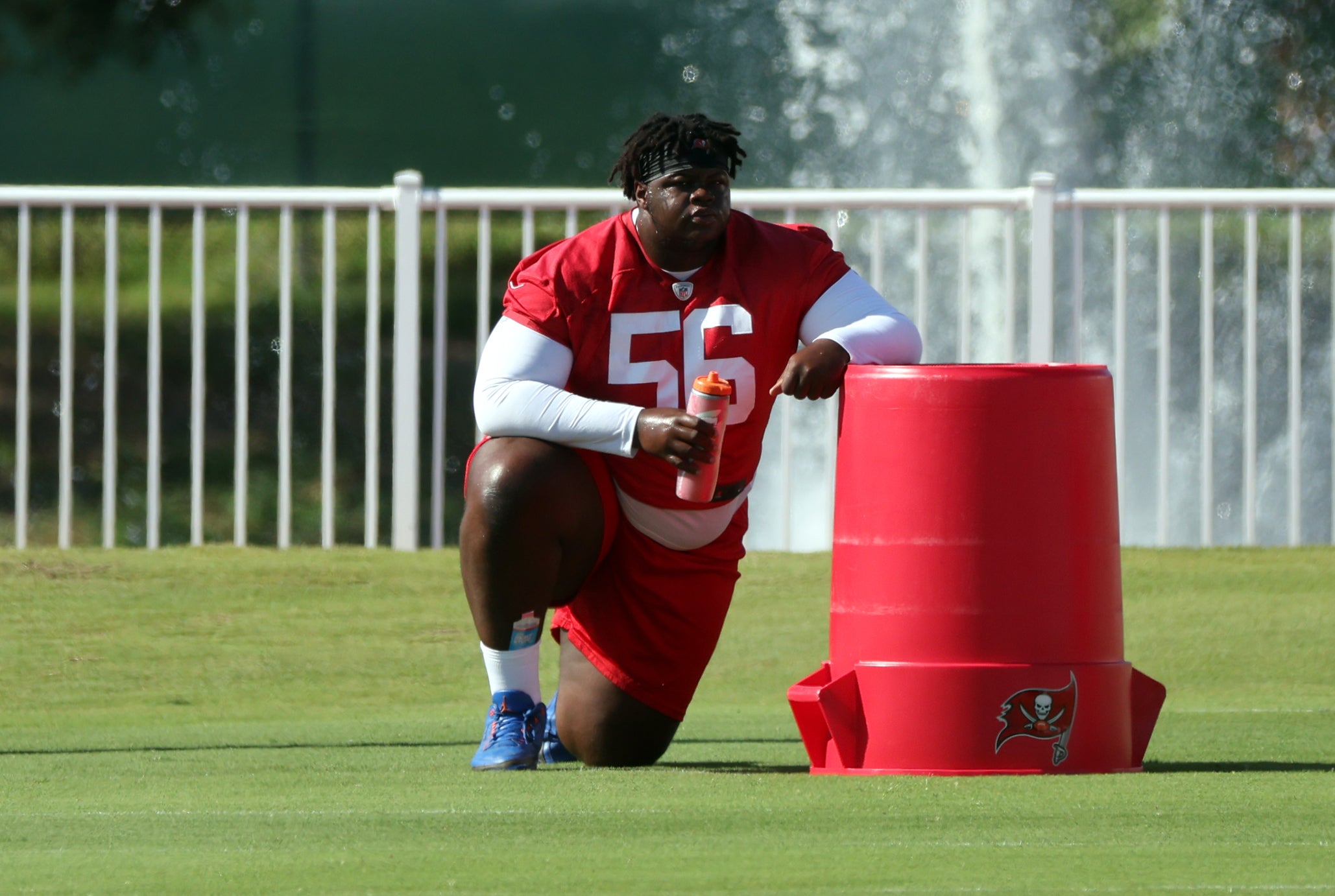 Jun 11, 2025; Tampa, FL, USA; Tampa Bay Buccaneers defensive tackle Desmond Watson (56) works out at One Buc Place.