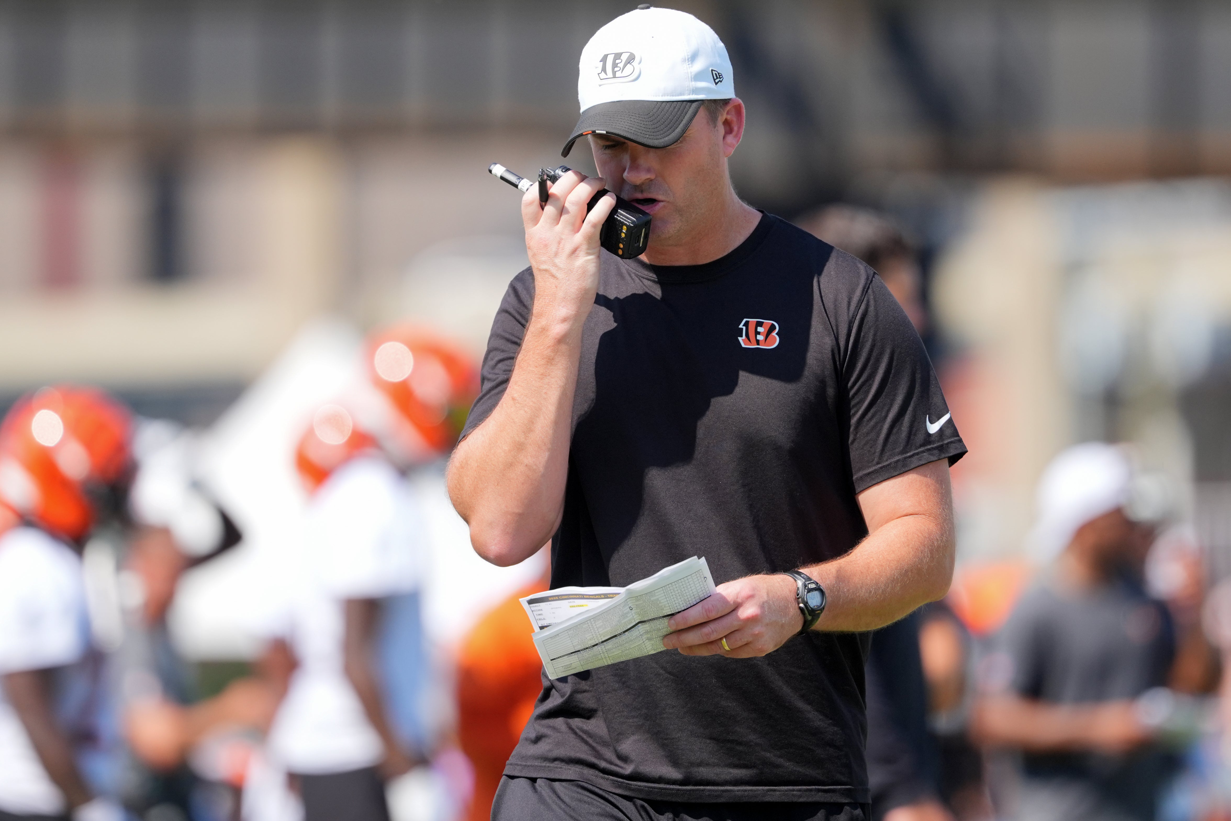 Jul 25, 2025; Cincinnati, OH, USA; Cincinnati Bengals head coach Zac Taylor calls a play during training camp practice.