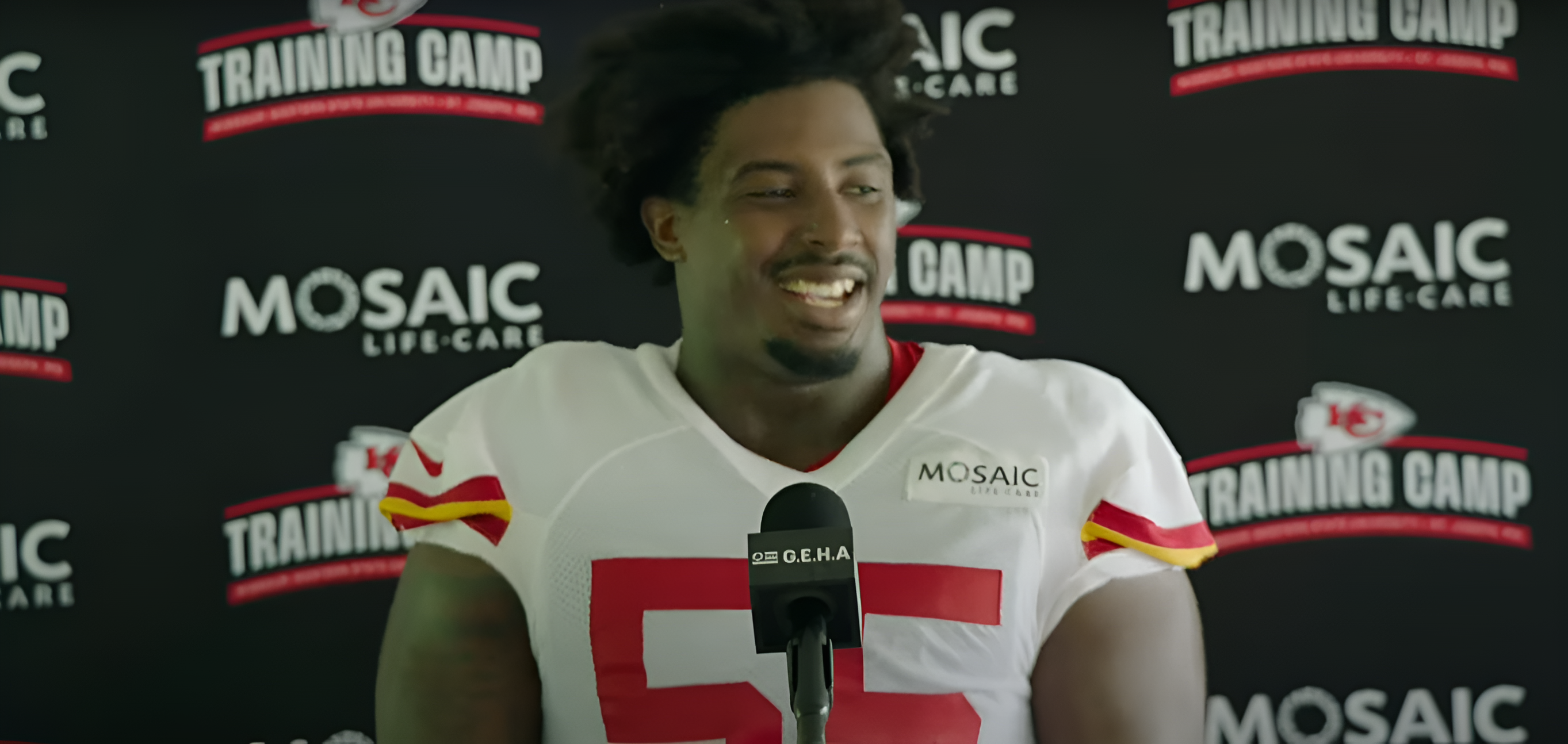 Chiefs rookie DT Omarr Norman-Lott talks to the media about Creed Humphrey following Day 4 of training camp in St. Joseph, Missouri, at Missouri Western State University.