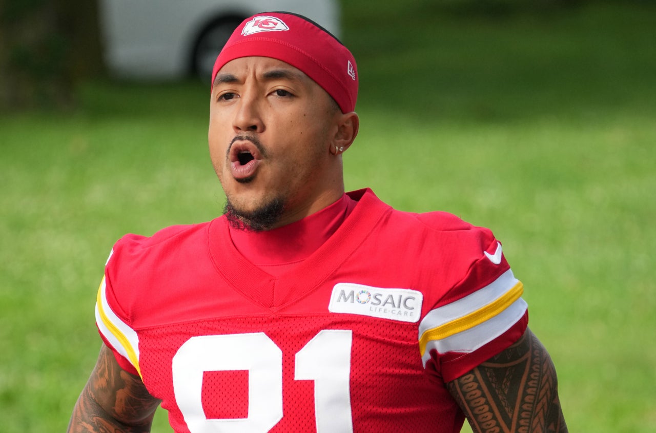 Jul 22, 2025; St. Joseph, MO, USA; Kansas City Chiefs wide receiver Nikko Remigio (81) walks down the hill to the practice fields during training camp at Missouri Western State University.