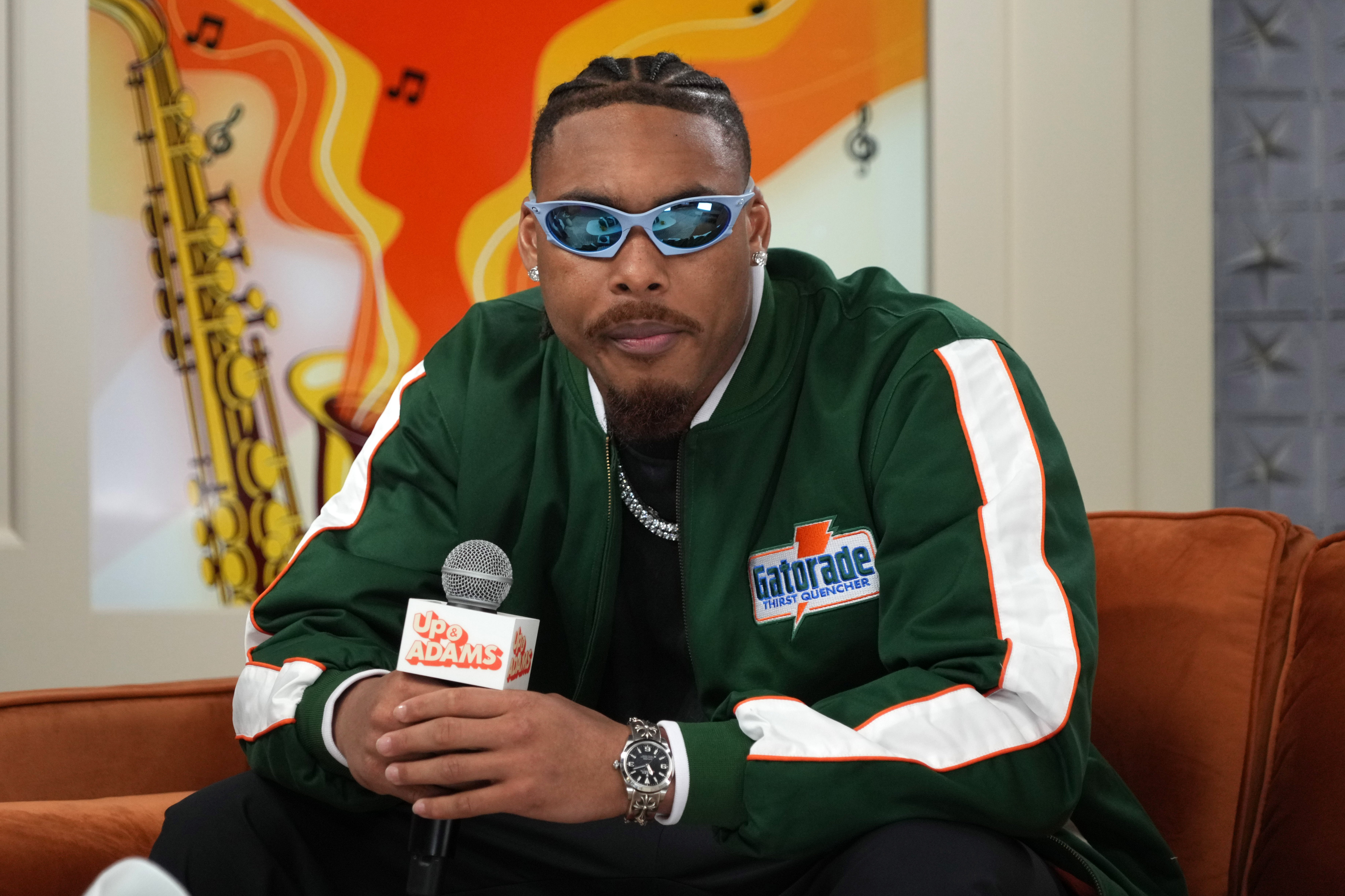 Feb 7, 2025; New Orleans, LA, USA; Minnesota Vikings receiver Justin Jefferson on the Up & Adams set on Radio Row at the Super Bowl LIX media center.