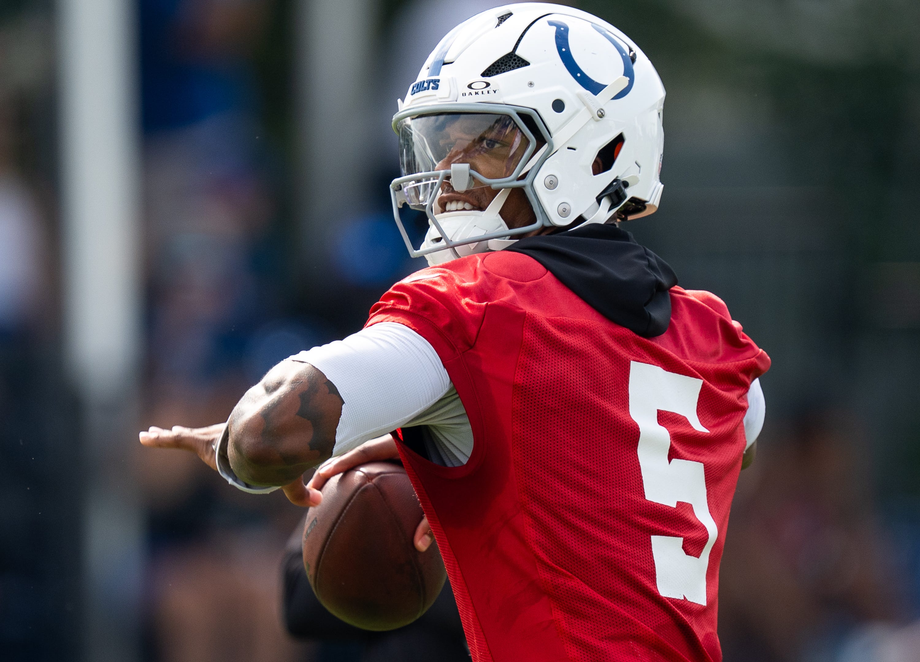 Indianapolis Colts quarterback Anthony Richardson Sr. (5) looks to pass Friday, July 25, 2025, during training camp held at Grand Park in Westfield.