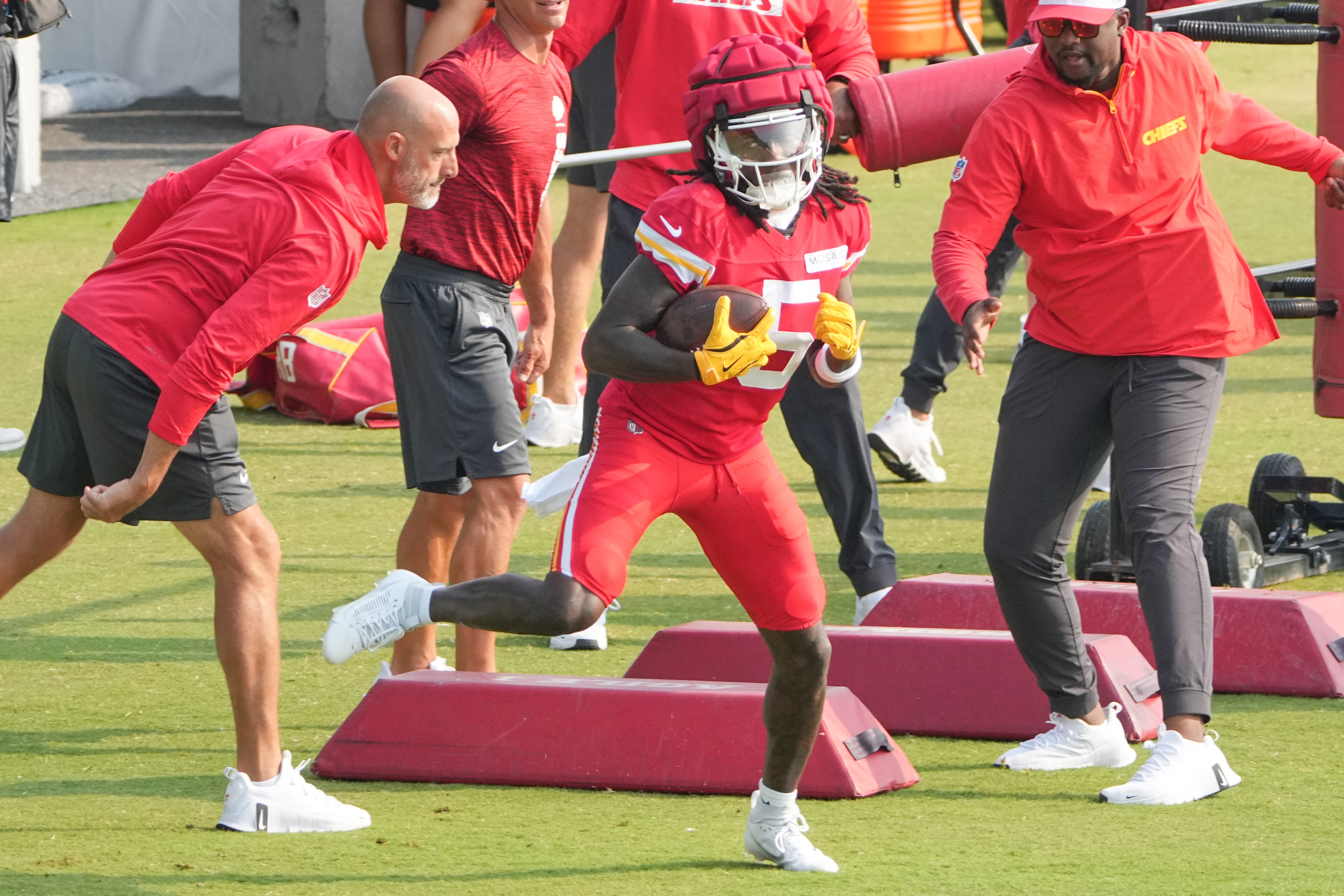 Jul 26, 2024; Kansas City, MO, USA; Kansas City Chiefs wide receiver Marquise “Hollywood” Brown (5) runs drills during training camp at Missouri Western State University.