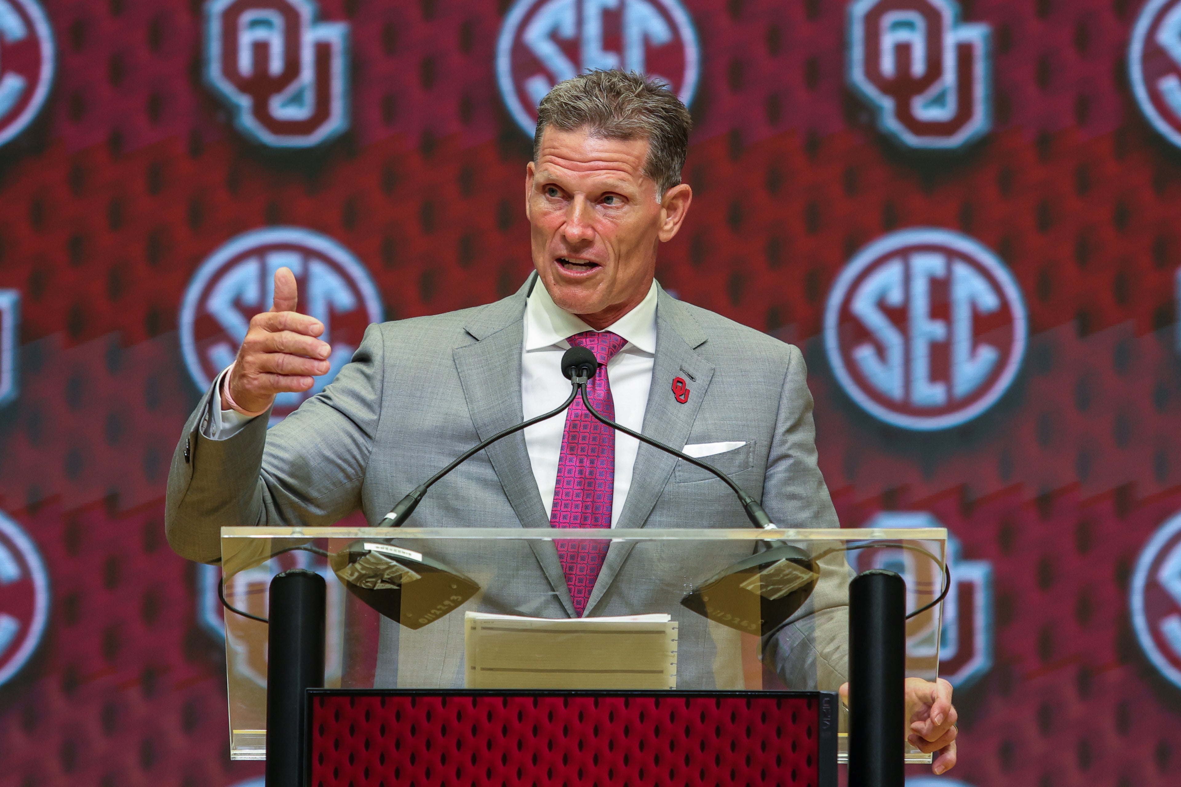 Jul 16, 2025; Atlanta, GA, USA; Oklahoma Sooners head coach Brent Venables talks to the media during the SEC Media Days at Omni Atlanta Hotel.