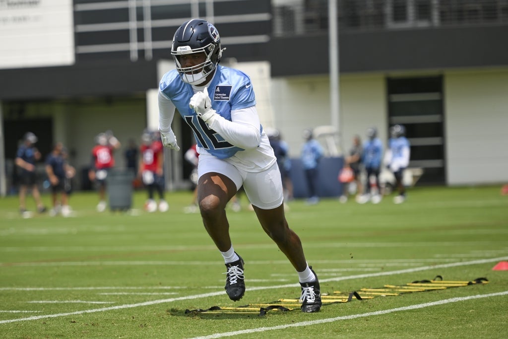 Jun 10, 2025; Nashville, TN, USA; Tennessee Titans wide receiver Treylon Burks (16) goes through drills during minicamp at Nissan Stadium.