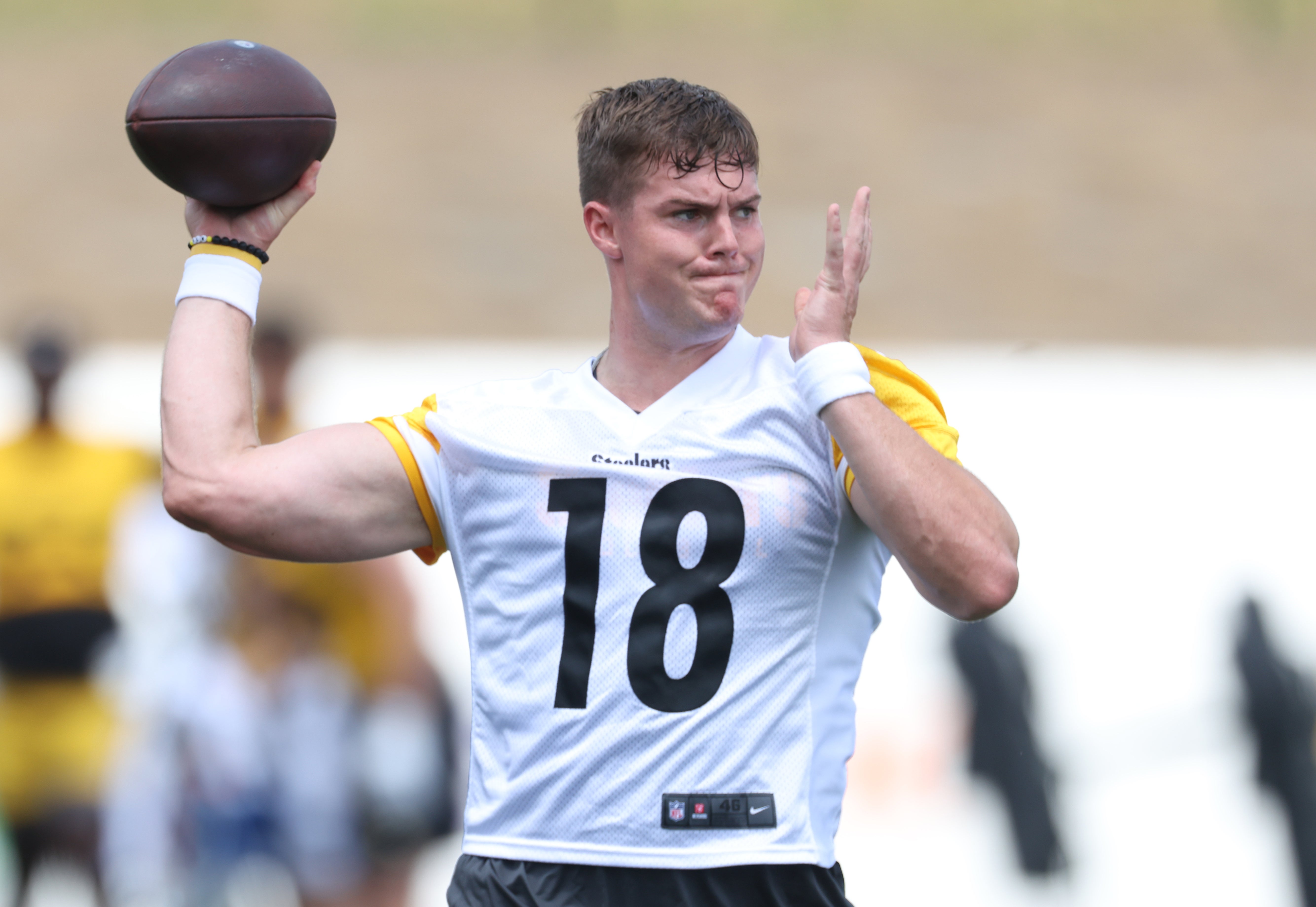 Jul 24, 2025; Latrobe, PA, USA; Pittsburgh Steelers quarterback Will Howard (18) participates in drills during training camp at Saint Vincent College.