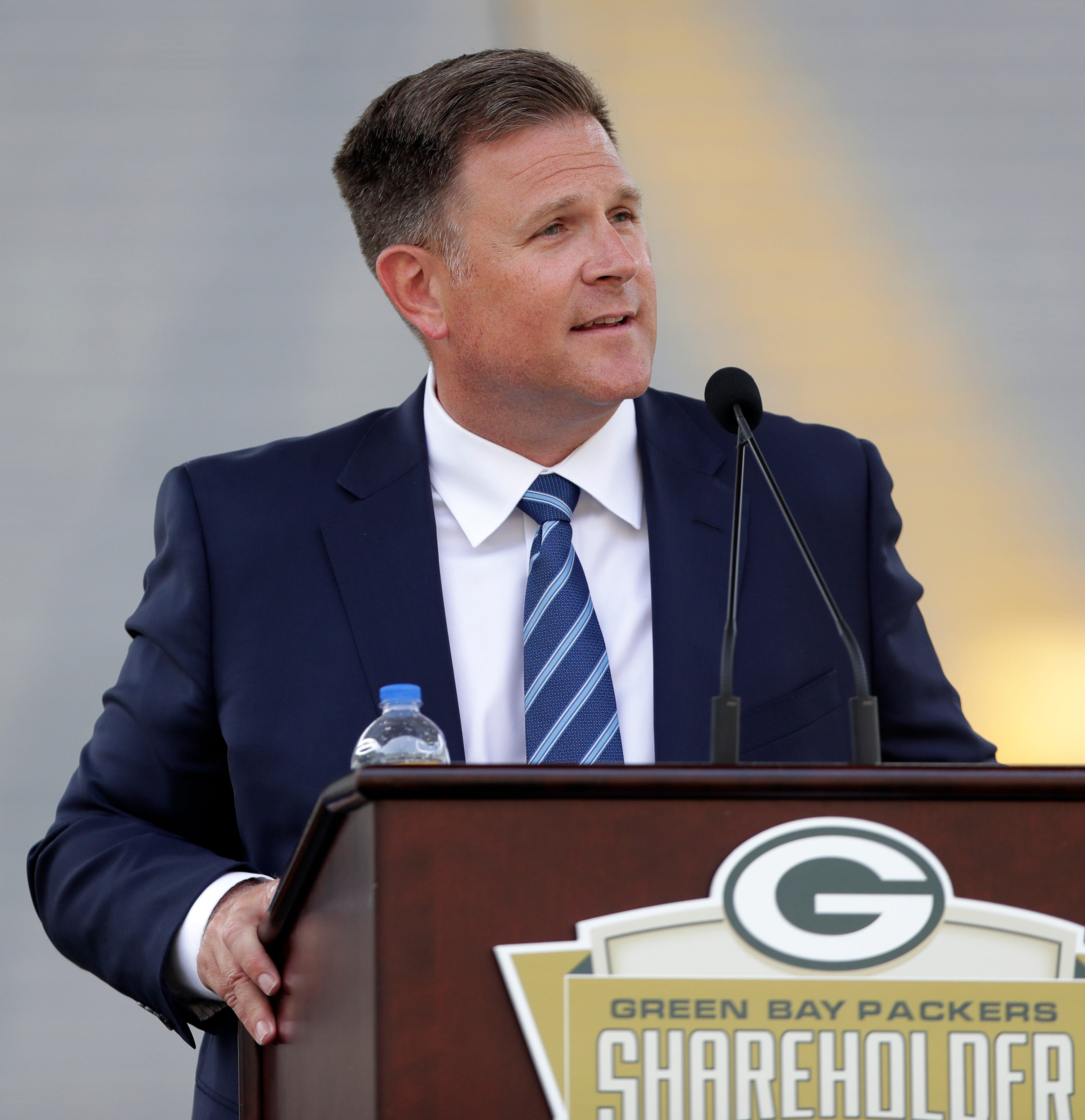 Green Bay Packers General Manager Brian Gutekunst speaks during the annual shareholders meeting on July 25, 2025, at Lambeau Field in Green Bay, Wis.
