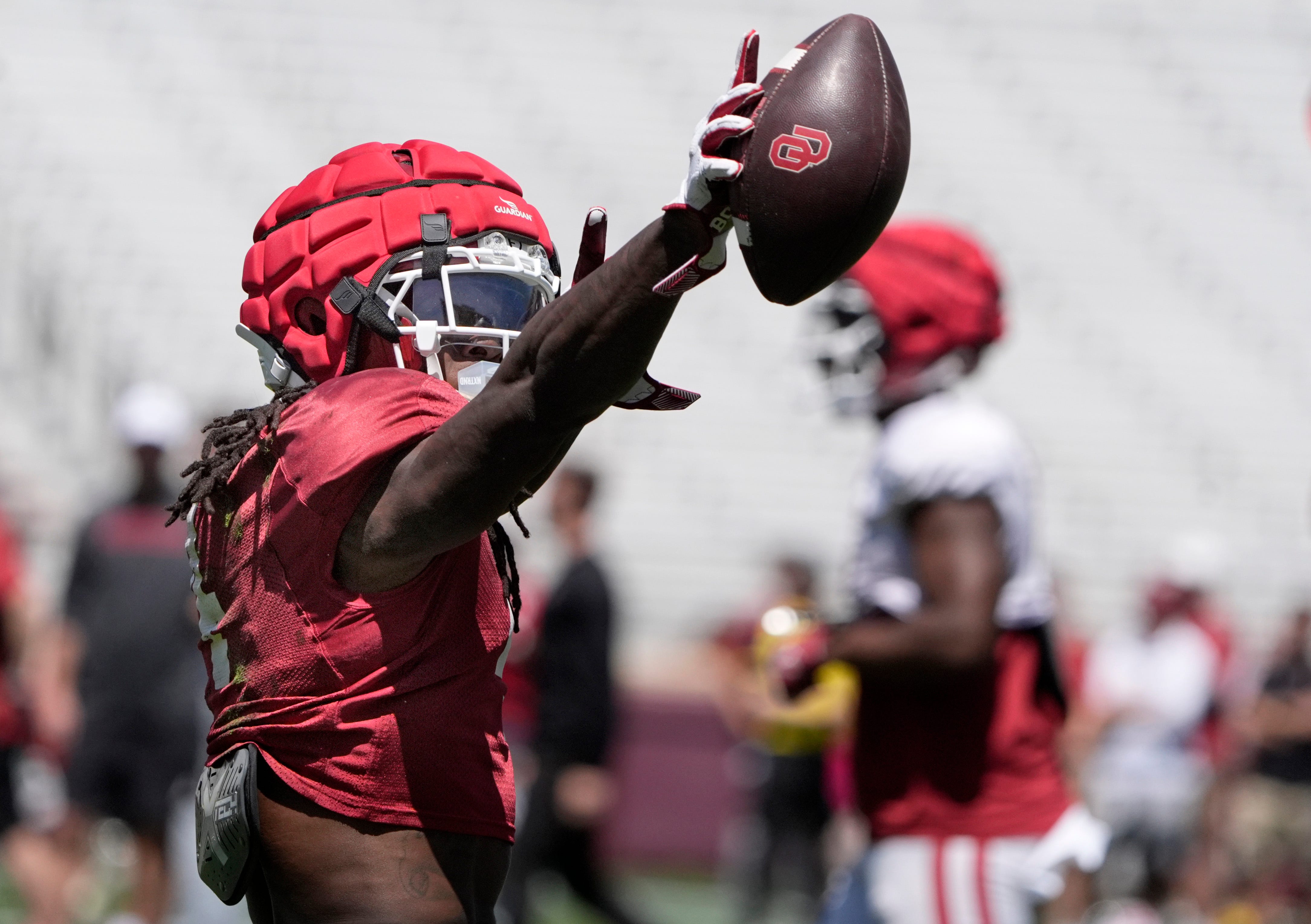 Oklahoma's Deion Burks celebrates a catch during the University of Oklahoma Sooners Crimson Combine at Gaylord Family - Oklahoma Memorial Stadium in Norman, Okla., Saturday, April, 12, 2025.