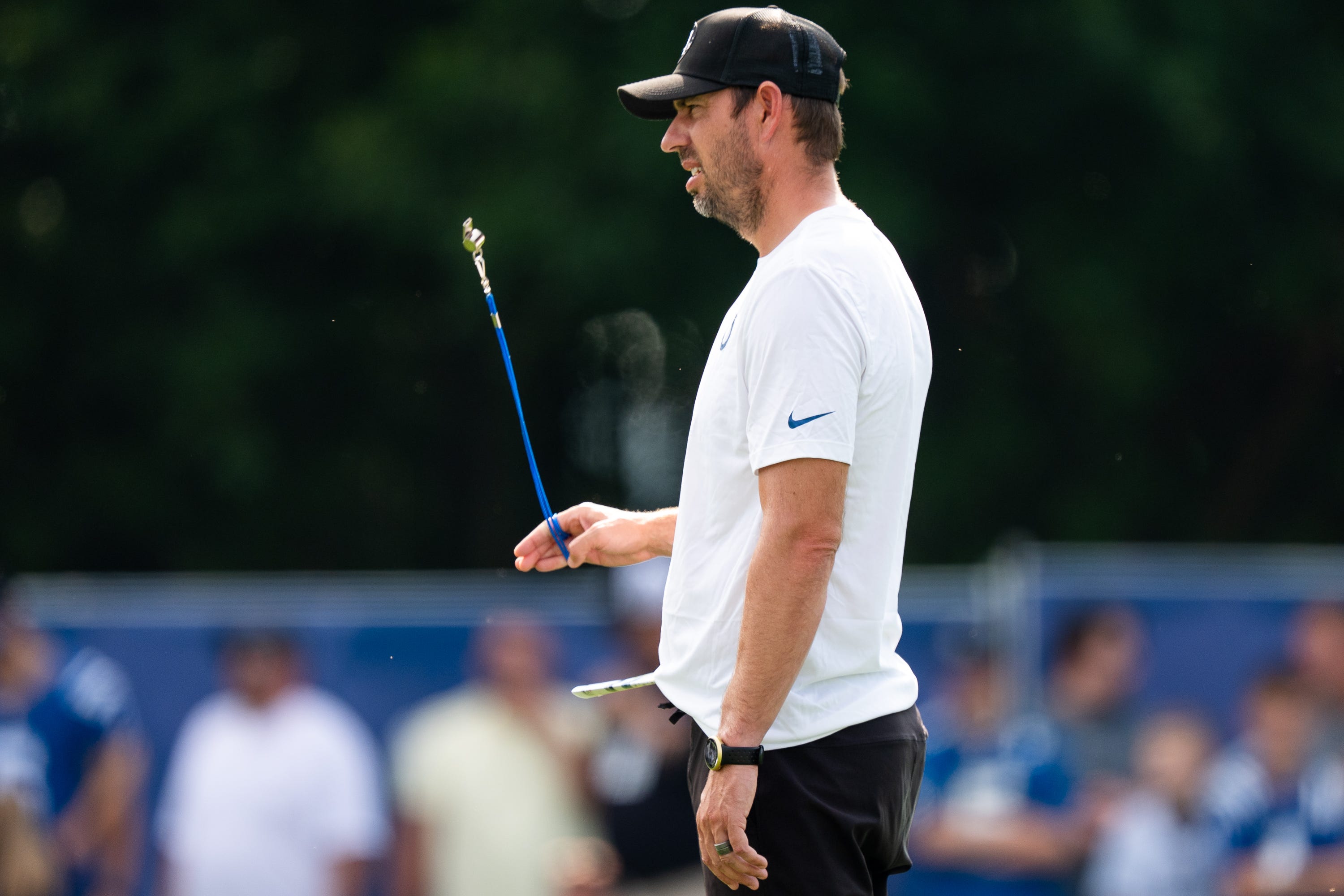Indianapolis Colts head coach Shane Steichen swings his whistle Friday, July 25, 2025, during training camp held at Grand Park in Westfield.