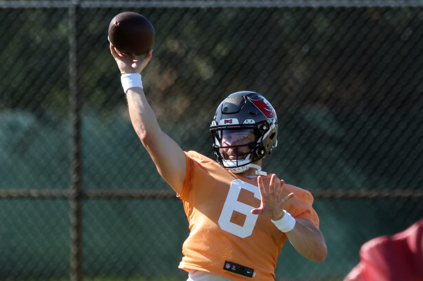 Jun 11, 2025; Tampa, FL, USA; Tampa Bay Buccaneers quarterback Baker Mayfield (6) works out at One Buc Place.