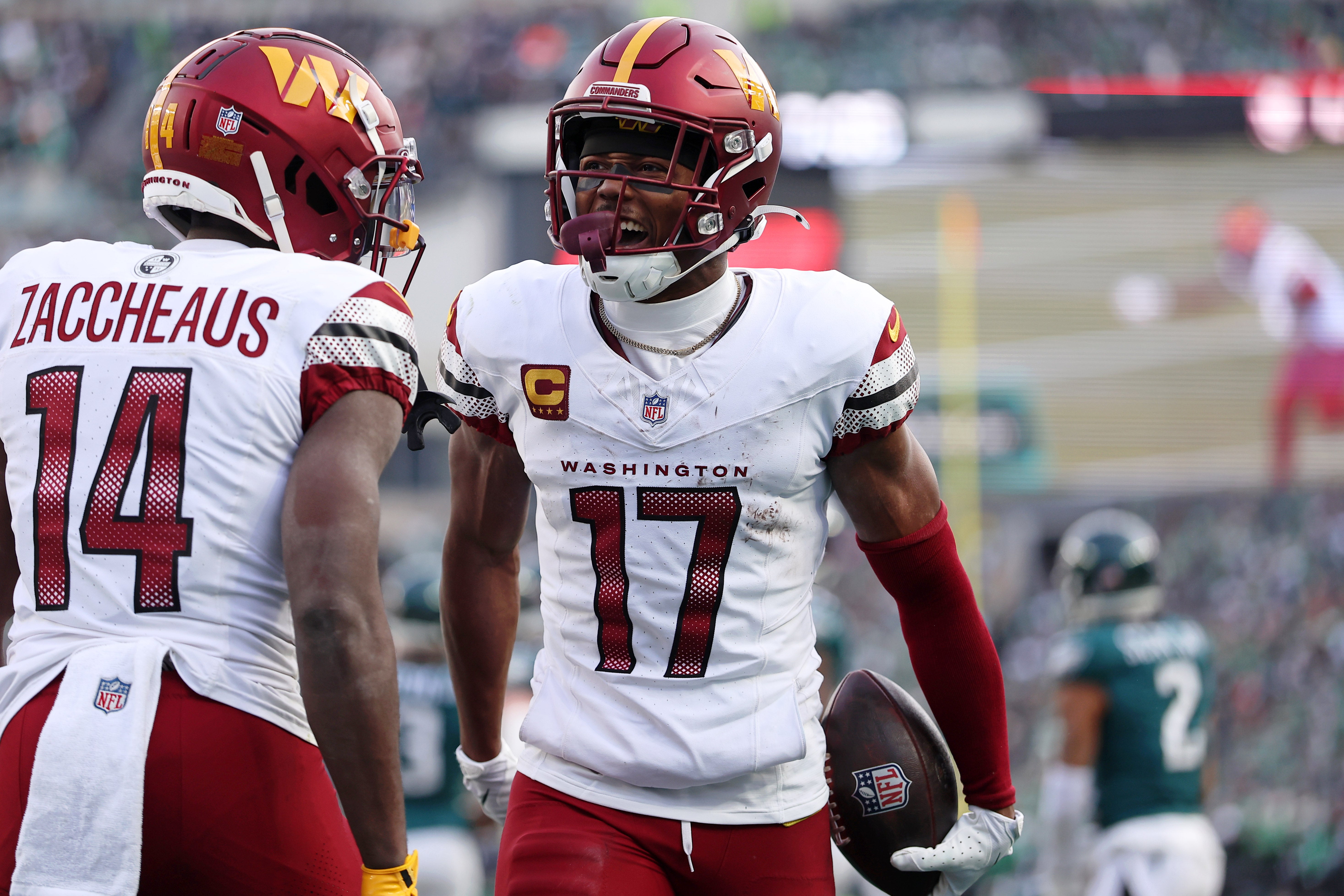 Jan 26, 2025; Philadelphia, PA, USA; Washington Commanders wide receiver Terry McLaurin (17) reacts after a play with wide receiver Olamide Zaccheaus (14) against the Philadelphia Eagles during the first half in the NFC Championship game at Lincoln Financial Field.
