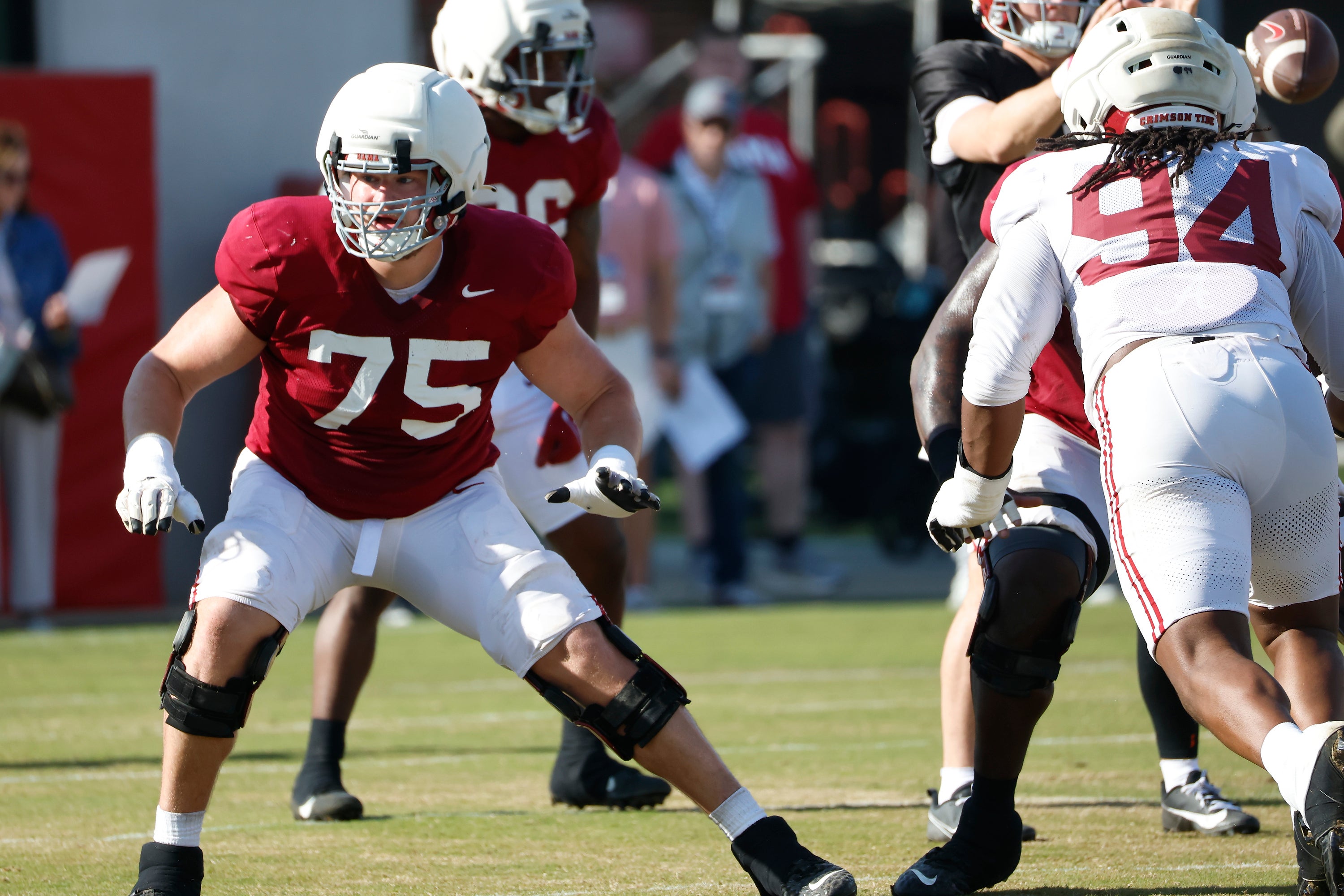 Offensive tackle Wilkin Formby goes through spring practice for the Alabama Crimson Tide. Photo credit: Alabama Athletics