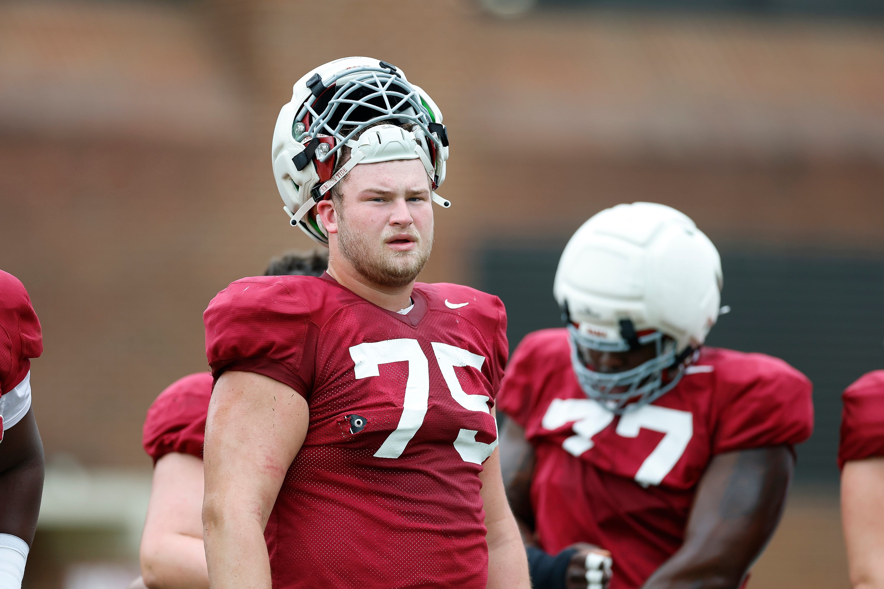 Offensive tackle Wilkin Formby goes through spring practice for the Alabama Crimson Tide. Photo credit: Alabama Athletics