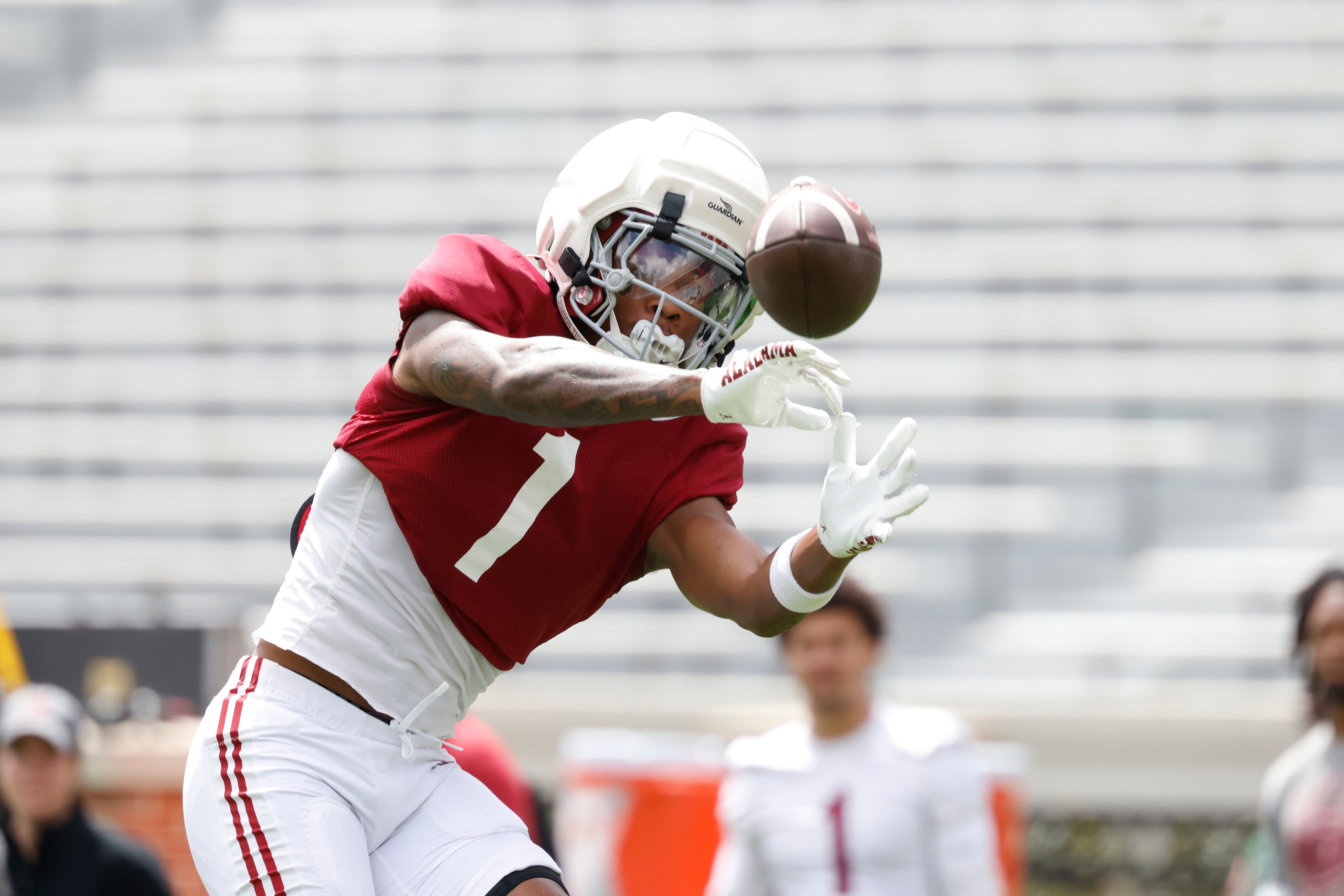 Wide receiver Isaiah Horton goes through spring practice for the Alabama Crimson Tide. Photo credit: Alabama Athletics