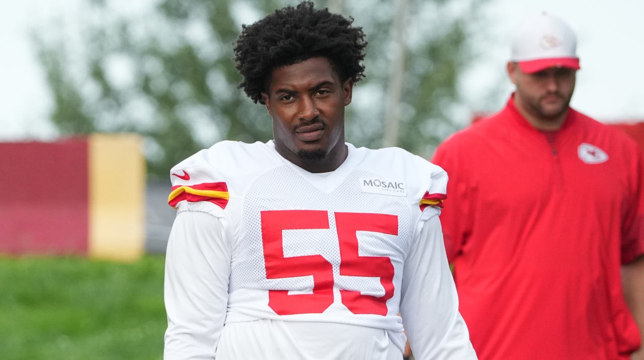 Jul 22, 2025; St. Joseph, MO, USA; Kansas City Chiefs defensive tackle Omarr Norman-Lott (55) walks down the hill to the practice fields during training camp at Missouri Western State University.