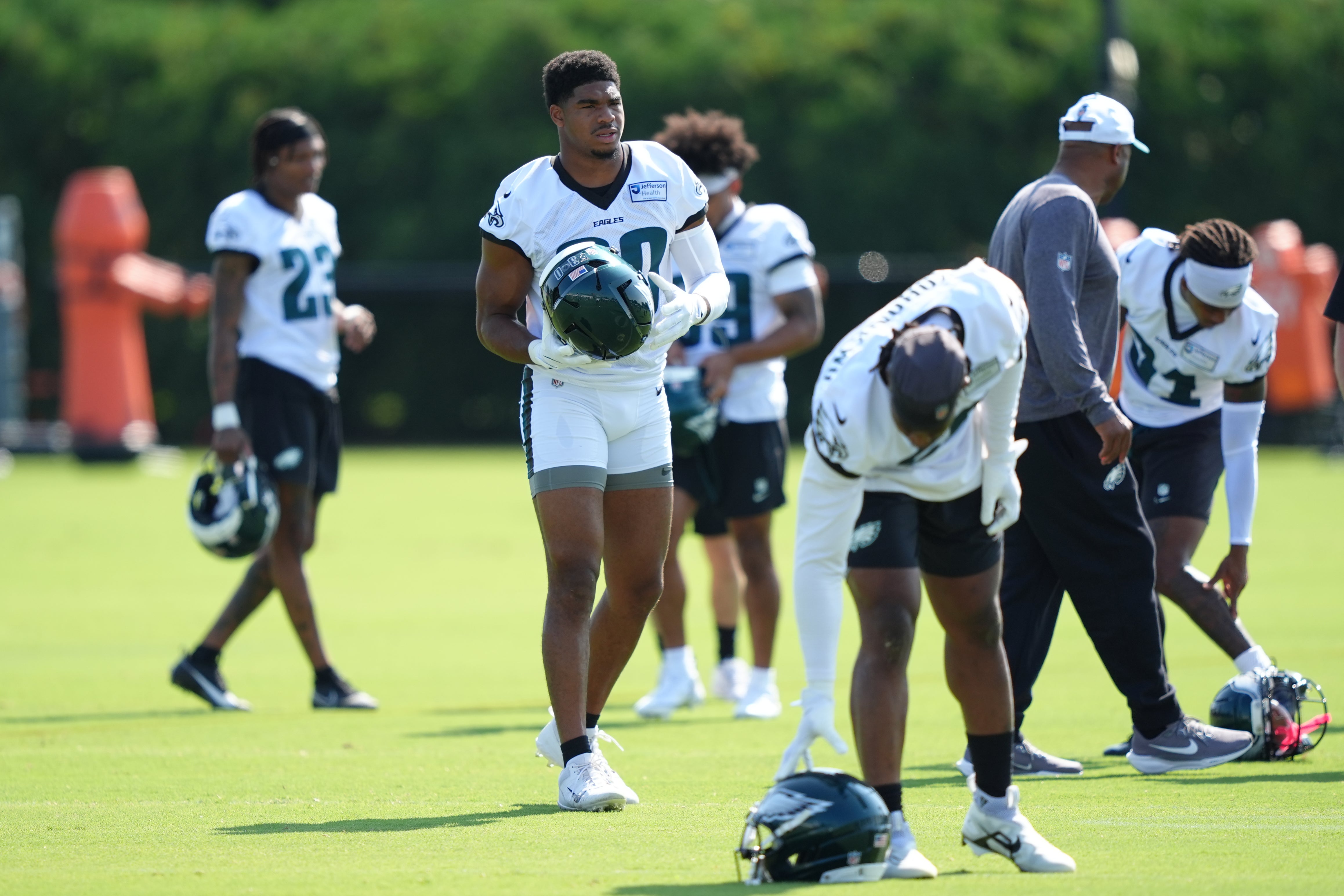 Philadelphia Eagles linebacker Jihaad Campbell (30) warms up during training camp at NovaCare Complex.