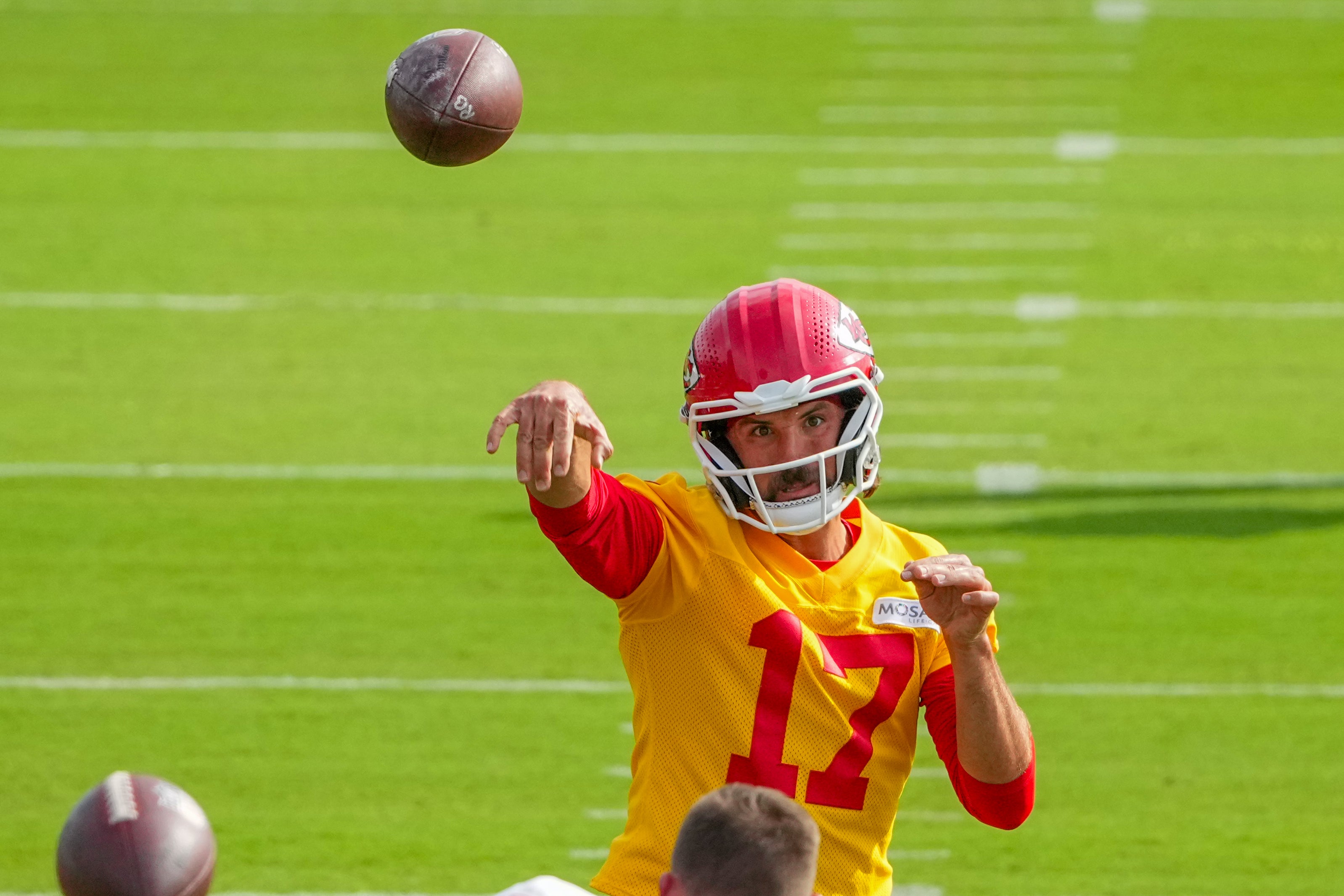 Jul 22, 2025; St. Joseph, MO, USA; Kansas City Chiefs quarterback Gardner Minshew (17) throws a pass during training camp at Missouri Western State University.