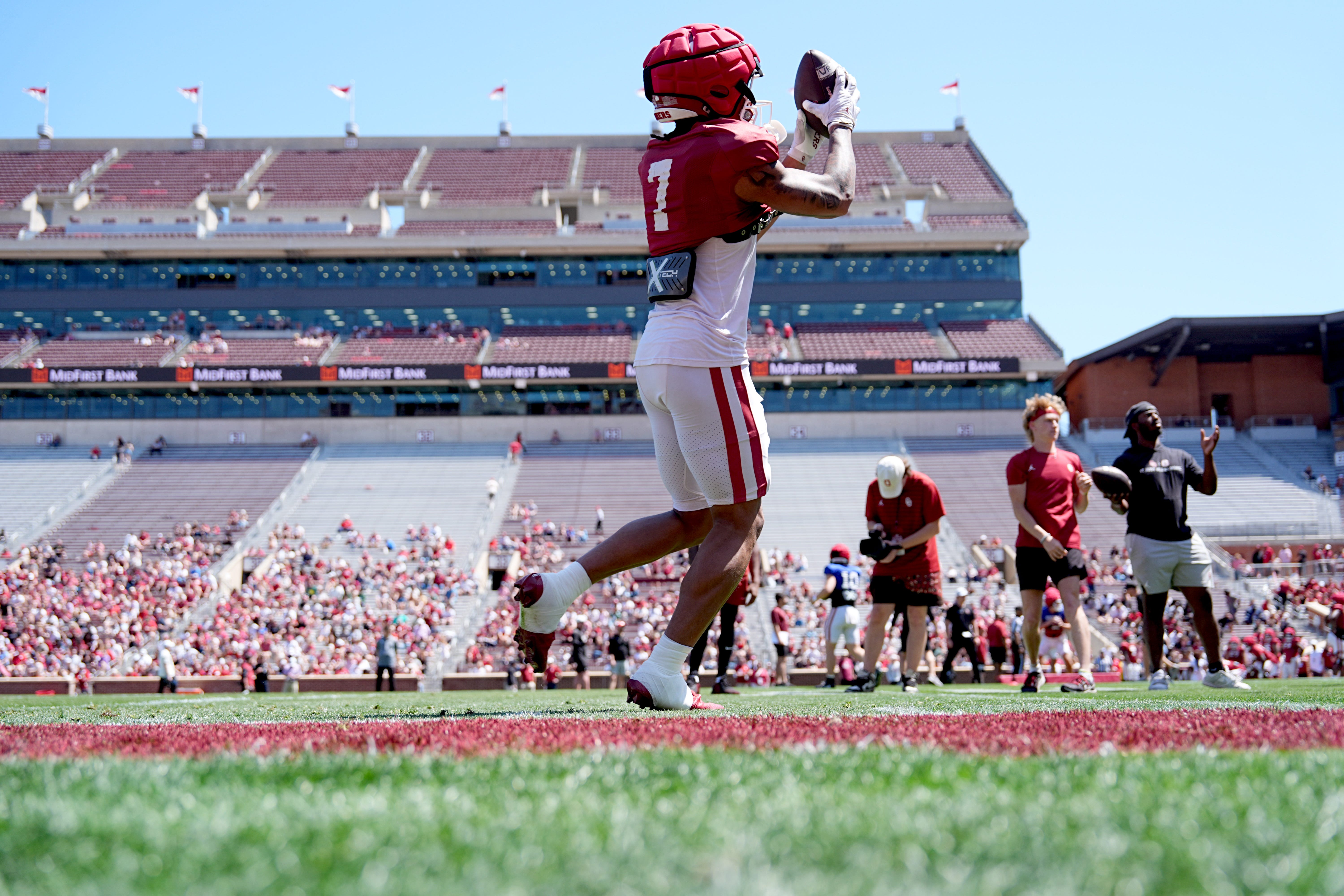 Oklahoma's Zion Kearney catches a pass during a drill at the University of Oklahoma Sooners Crimson Combine at Gaylord Family - Oklahoma Memorial Stadium in Norman, Okla., Saturday, April, 12, 2025.