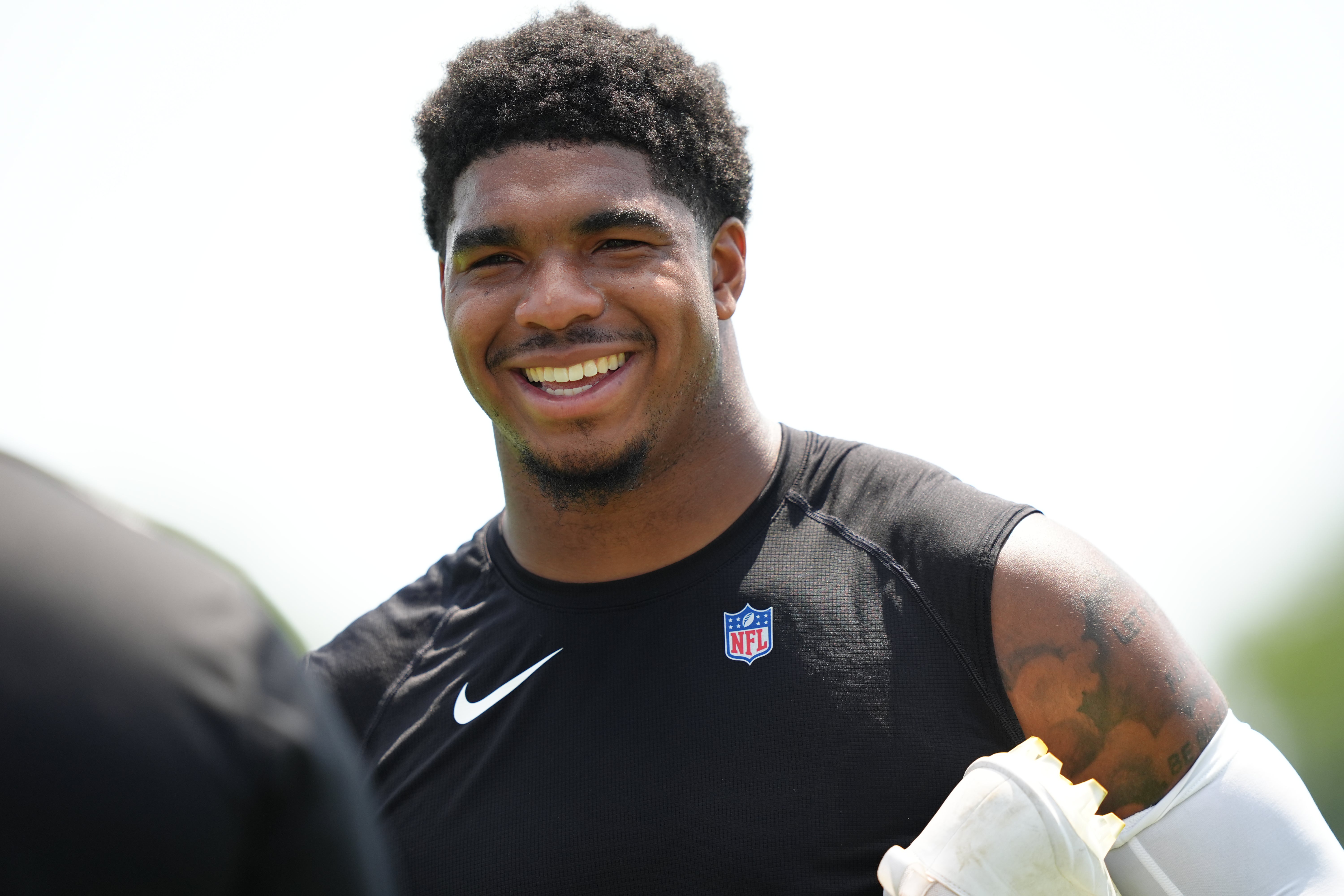 Philadelphia Eagles linebacker Jihaad Campbell (30) reacts during training camp at NovaCare Complex.