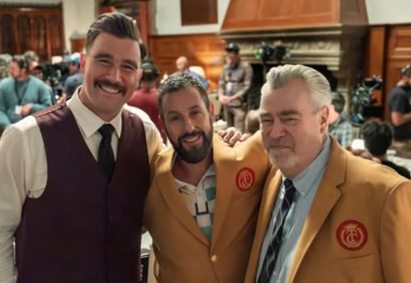Jason Kelce posts a photo of Travis Kelce, Adam Sandler, and Ed Kelce from 'Happy Gilmore 2'