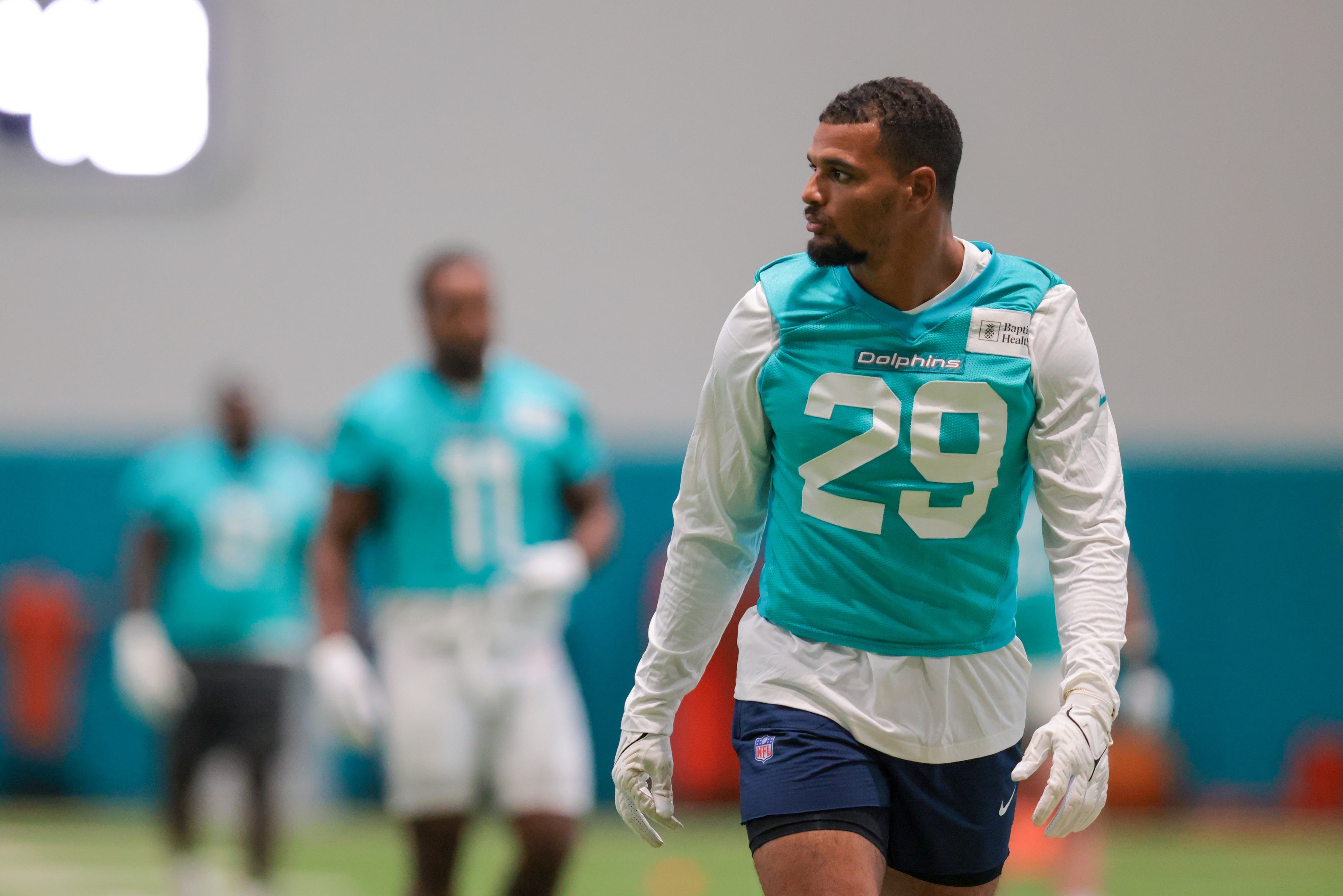 Miami Dolphins safety Minkah Fitzpatrick (29) looks on during training camp at Baptist Health Training Complex.