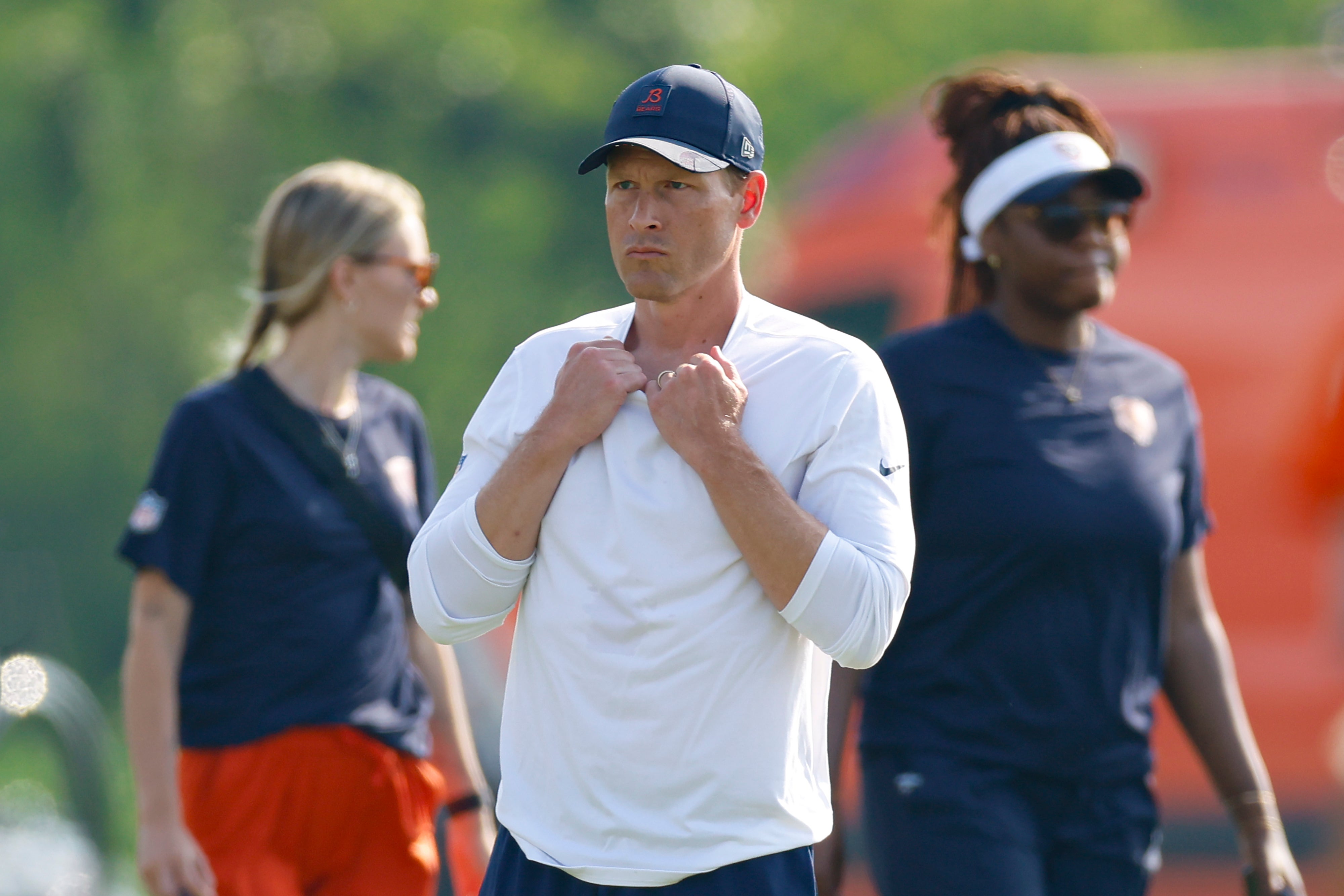 Jul 23, 2025; Lake Forest, IL, USA; Chicago Bears head coach Ben Johnson looks on during training camp at Halas Hall.