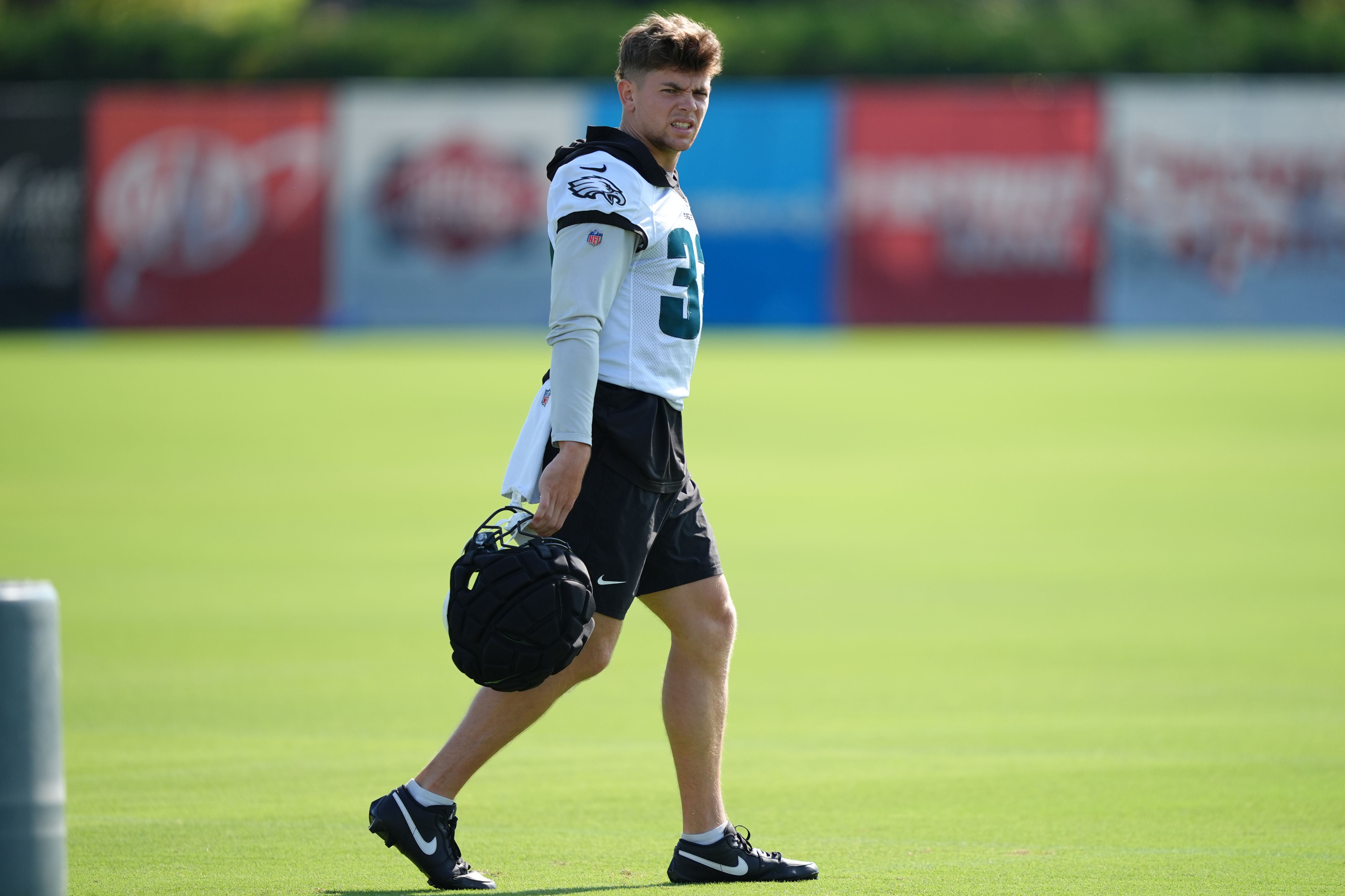Philadelphia Eagles defensive back Cooper DeJean (33) walks the field during training camp at NovaCare Complex.