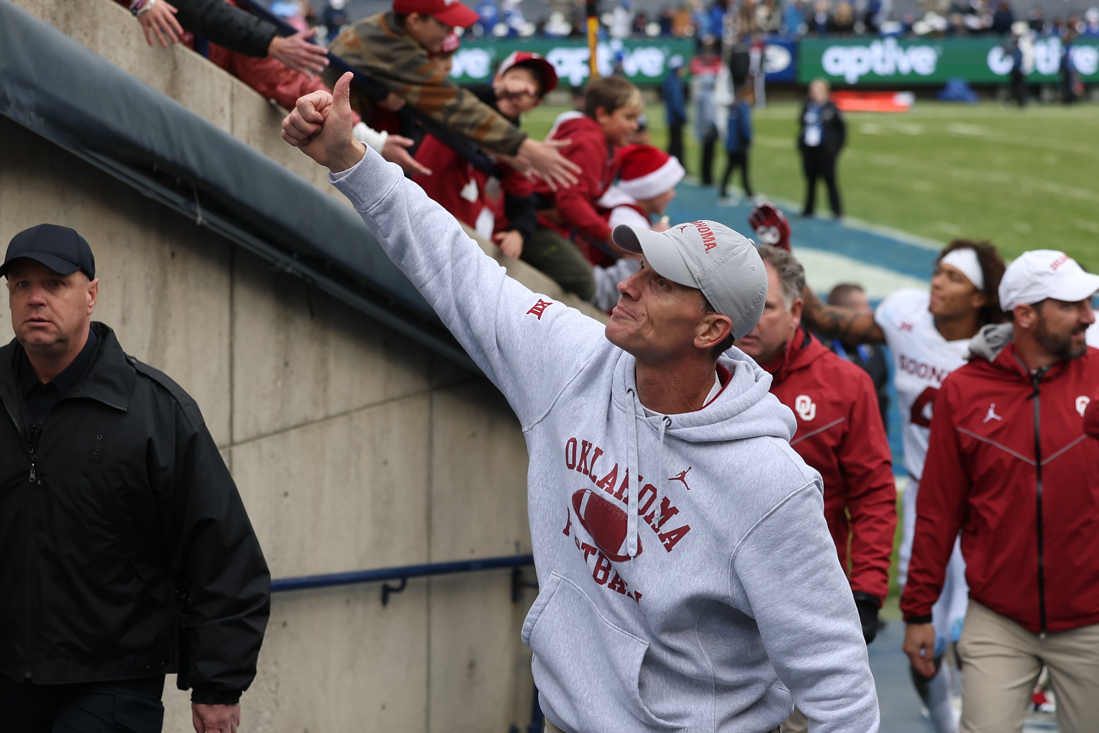 Nov 18, 2023; Provo, Utah, USA; Oklahoma Sooners head coach Brent Venables reacts to fans after a win over the Brigham Young Cougars at LaVell Edwards Stadium. Mandatory Credit: Rob Gray-Imagn Images