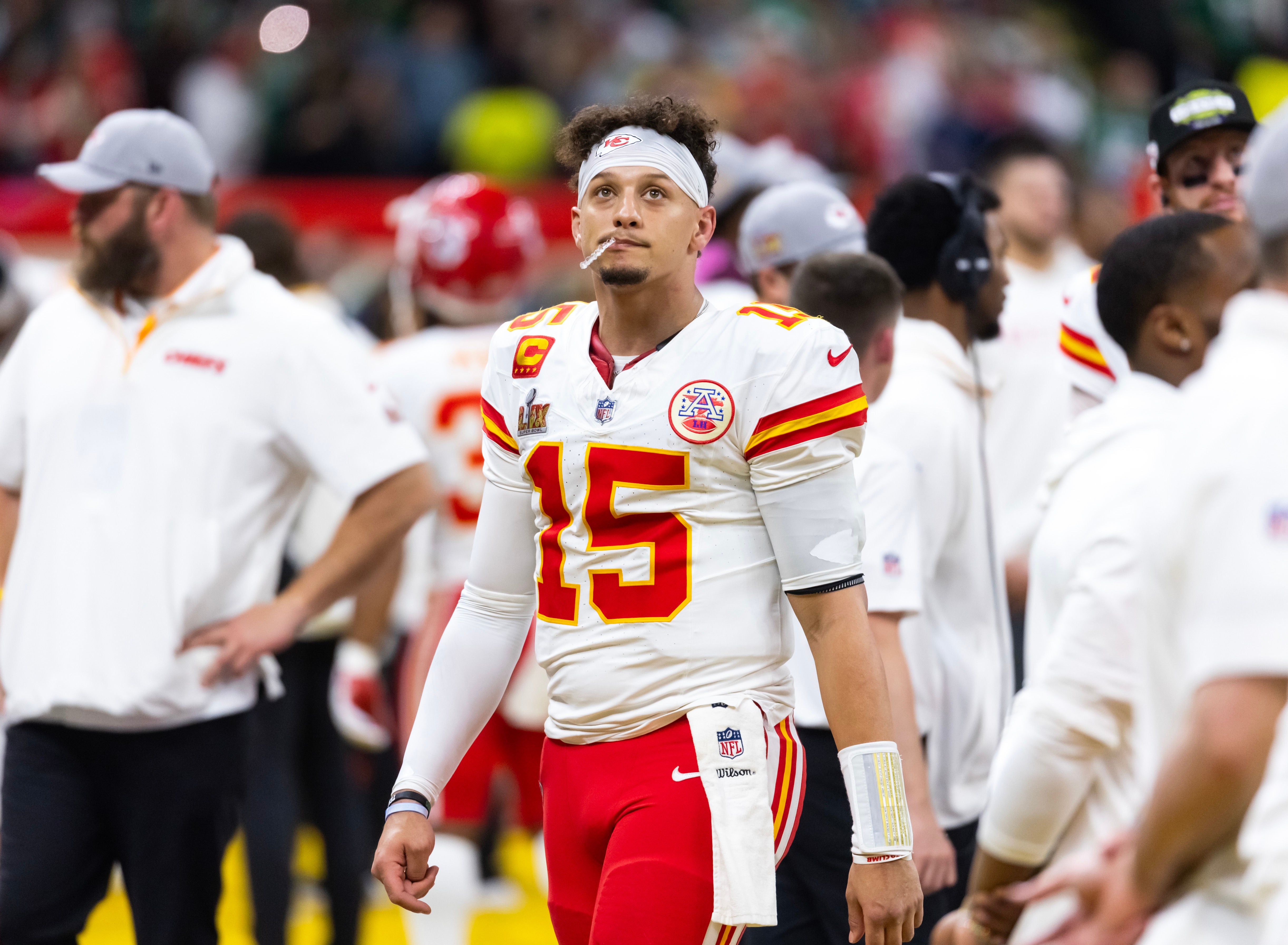 Kansas City Chiefs quarterback Patrick Mahomes (15) reacts against the Philadelphia Eagles in Super Bowl LIX at Ceasars Superdome.