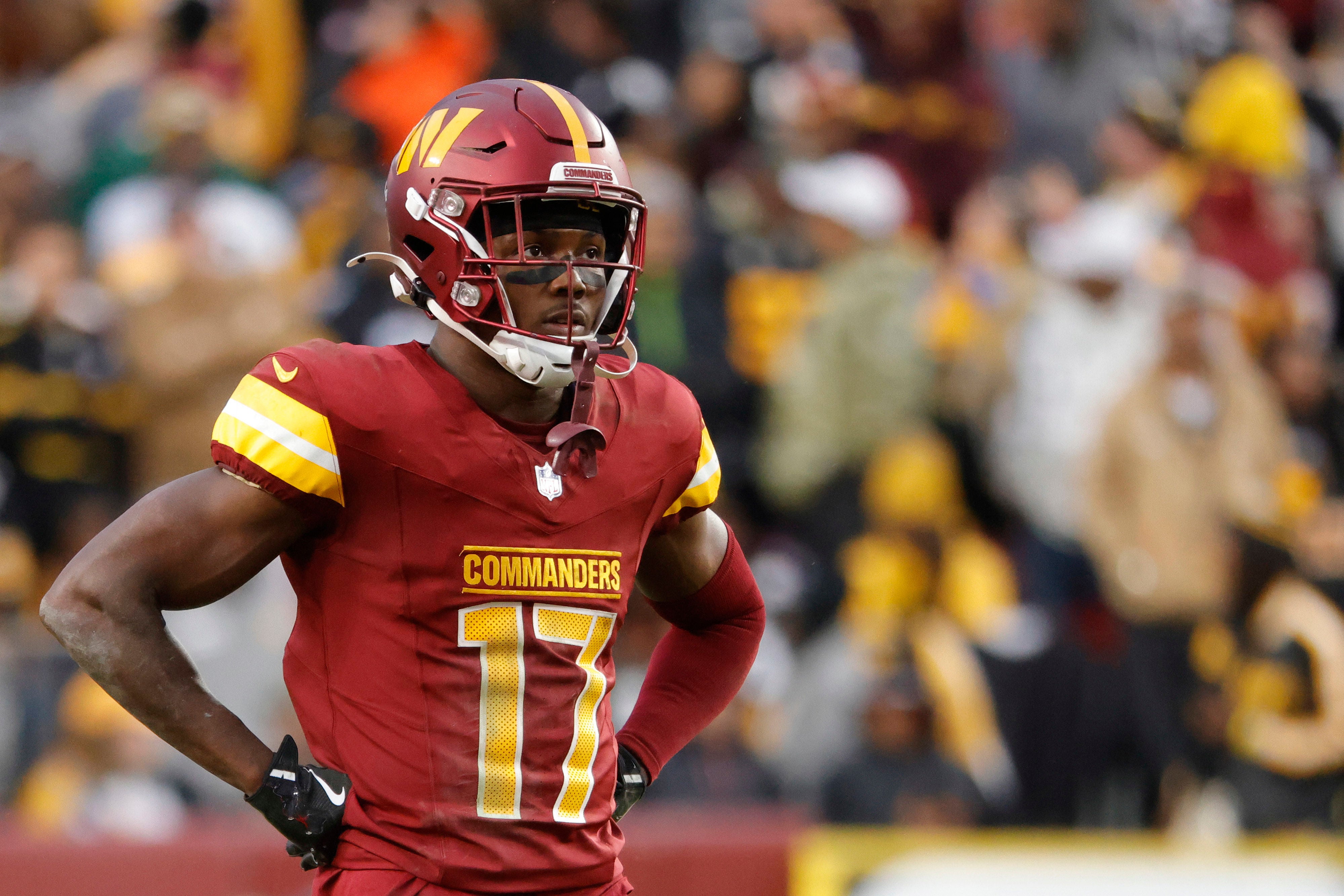 Nov 10, 2024; Landover, Maryland, USA; Washington Commanders wide receiver Terry McLaurin (17) looks on from the field during final minute of the game against the Pittsburgh Steelers at Northwest Stadium.