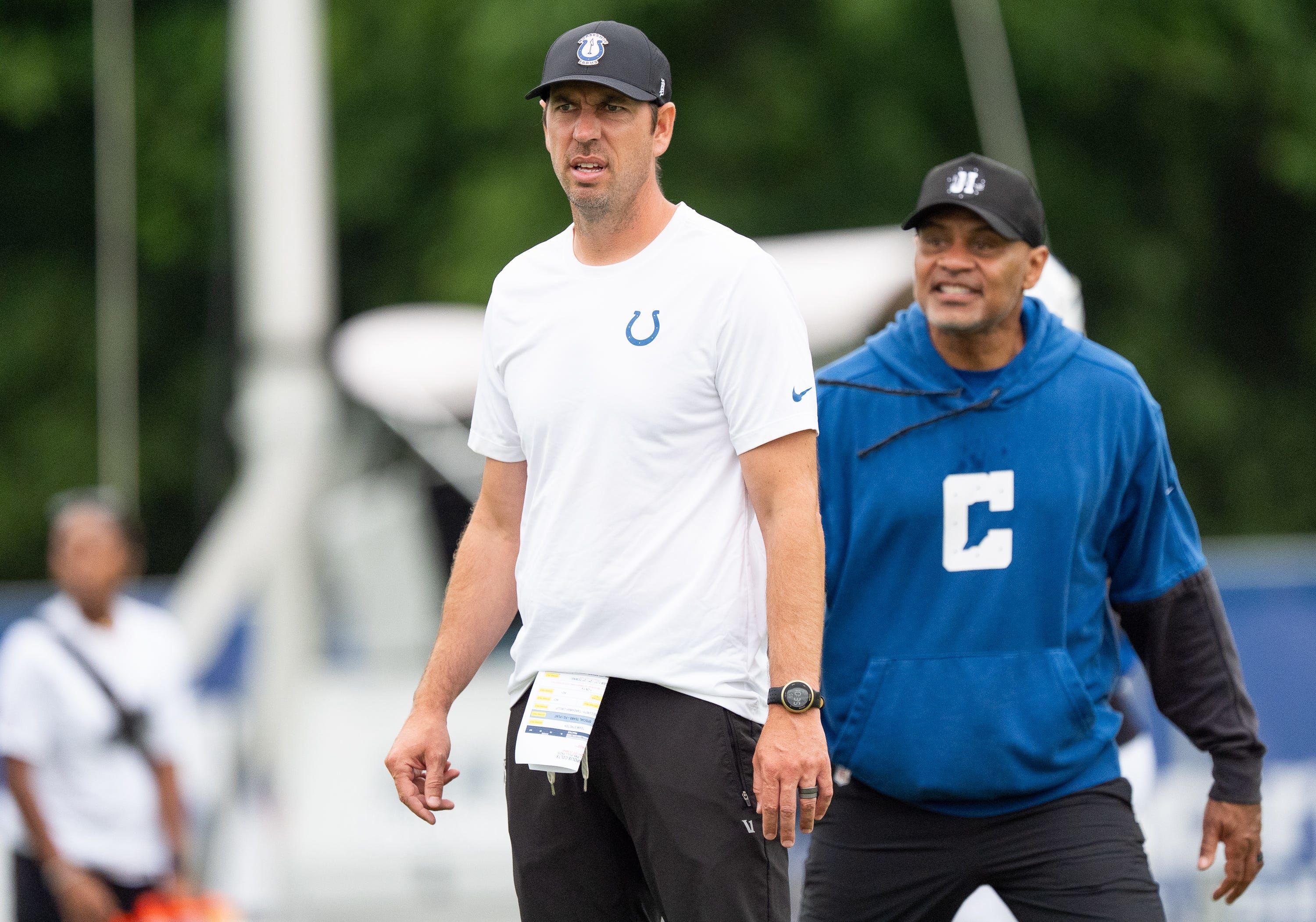 Indianapolis Colts head coach Shane Steichen watches training camp Monday, July 28, 2025, at Grand Park in Westfield.