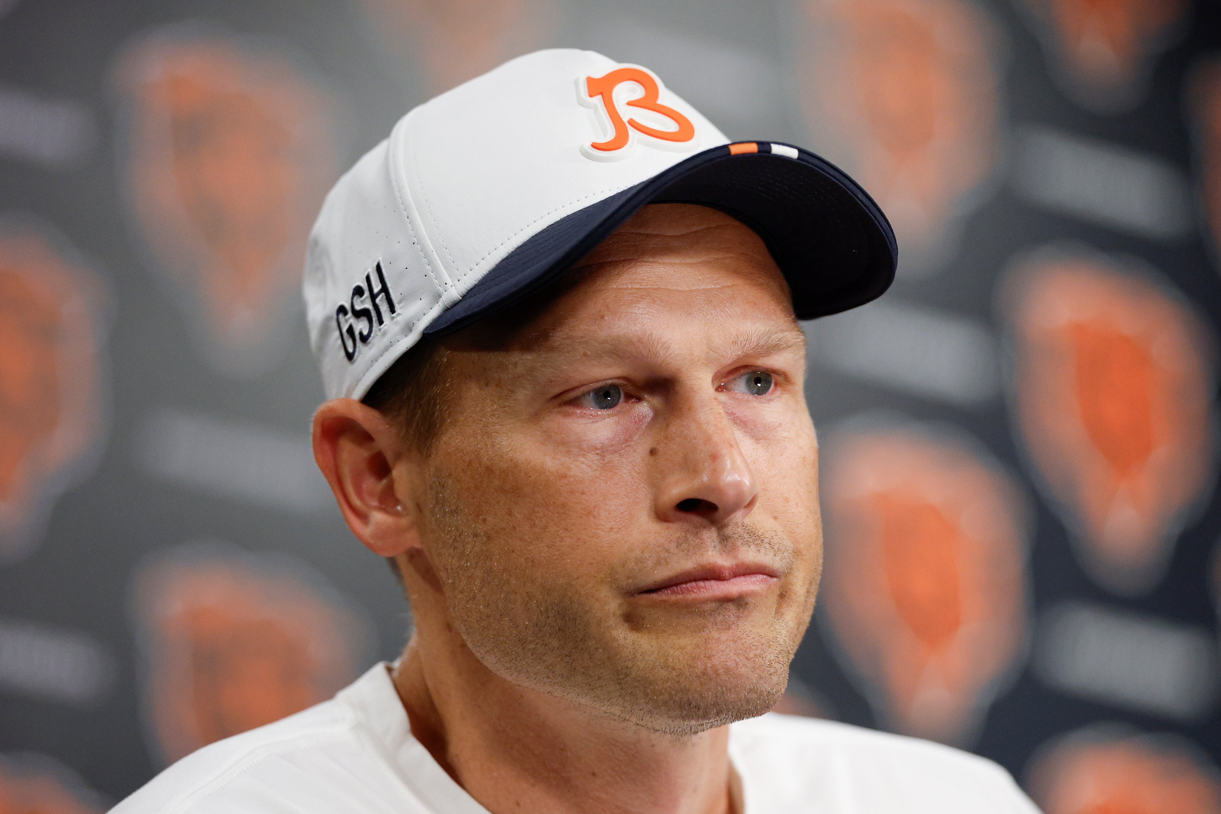 Jul 24, 2025; Lake Forest, IL, USA; Chicago Bears head coach Ben Johnson speaks during training camp at Halas Hall.