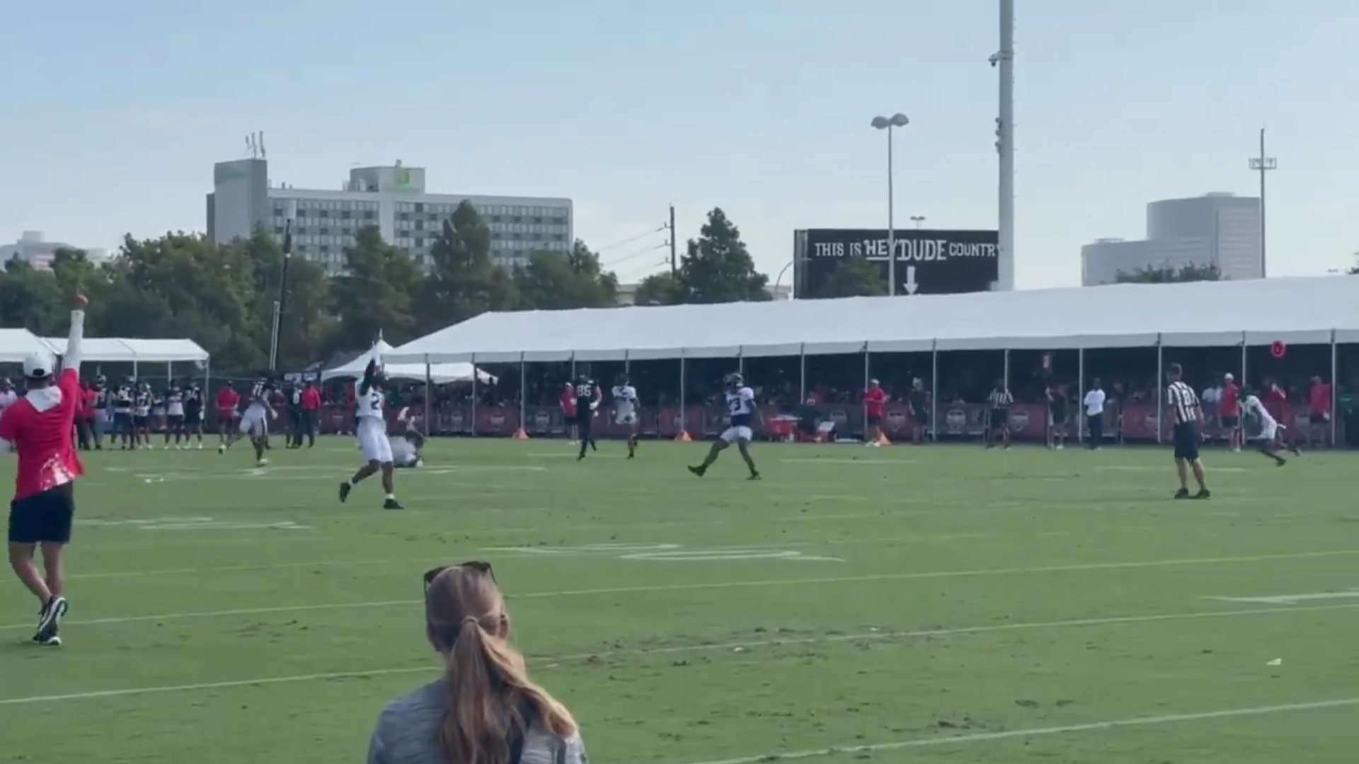 Houston Texans training camp quarterback C.J. Stroud throwing interception to Calen Bullock