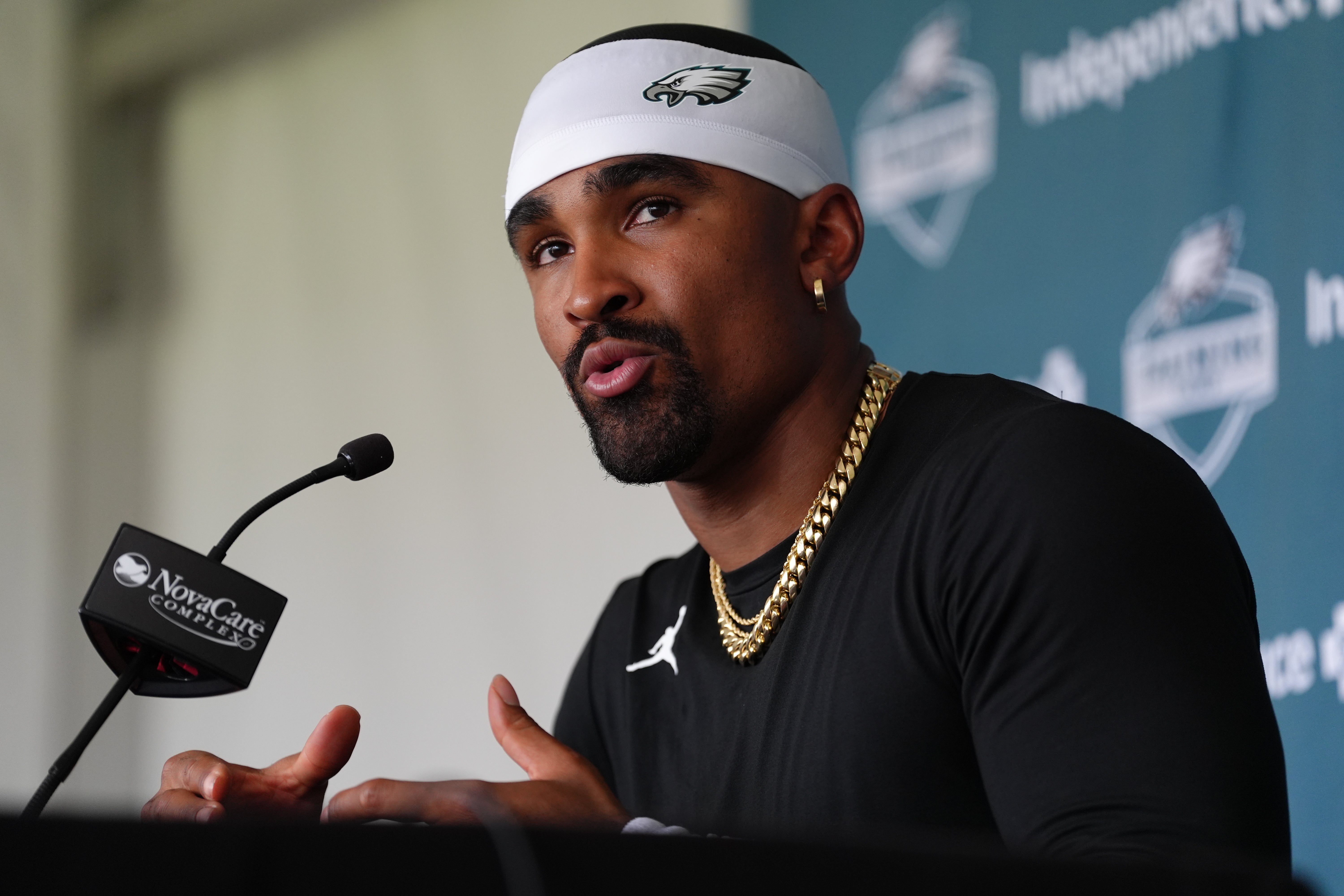 Philadelphia Eagles quarterback Jalen Hurts (1) addresses media during training camp at NovaCare Complex.