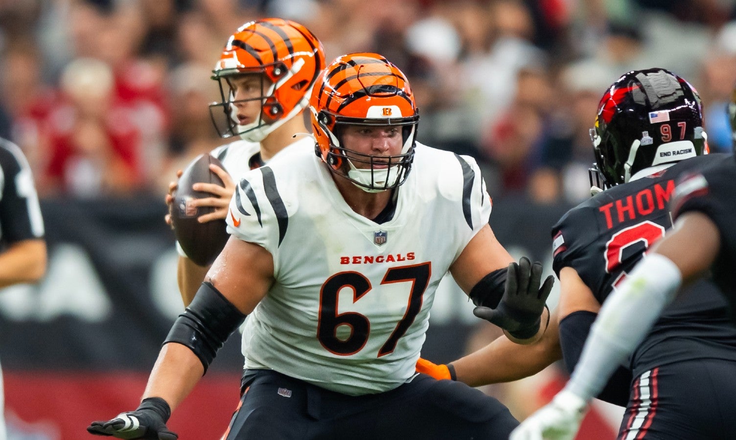 Oct 8, 2023; Glendale, Arizona, USA; Cincinnati Bengals guard Cordell Volson (67) against the Arizona Cardinals at State Farm Stadium.