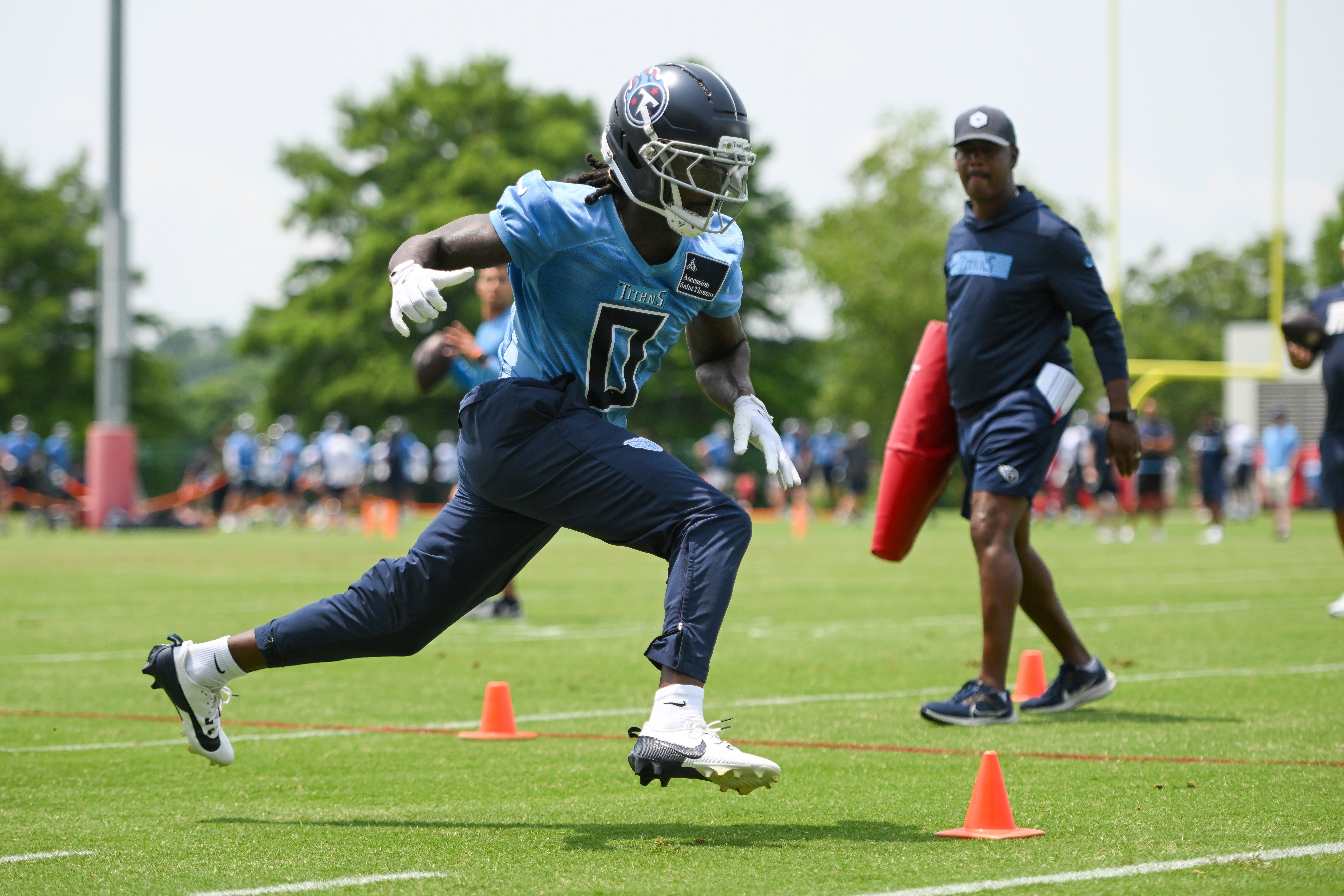 Jun 10, 2025; Nashville, TN, USA; Tennessee Titans wide receiver Calvin Ridley (0) goes through drills during minicamp at Nissan Stadium. Mandatory Credit: Steve Roberts-Imagn Images