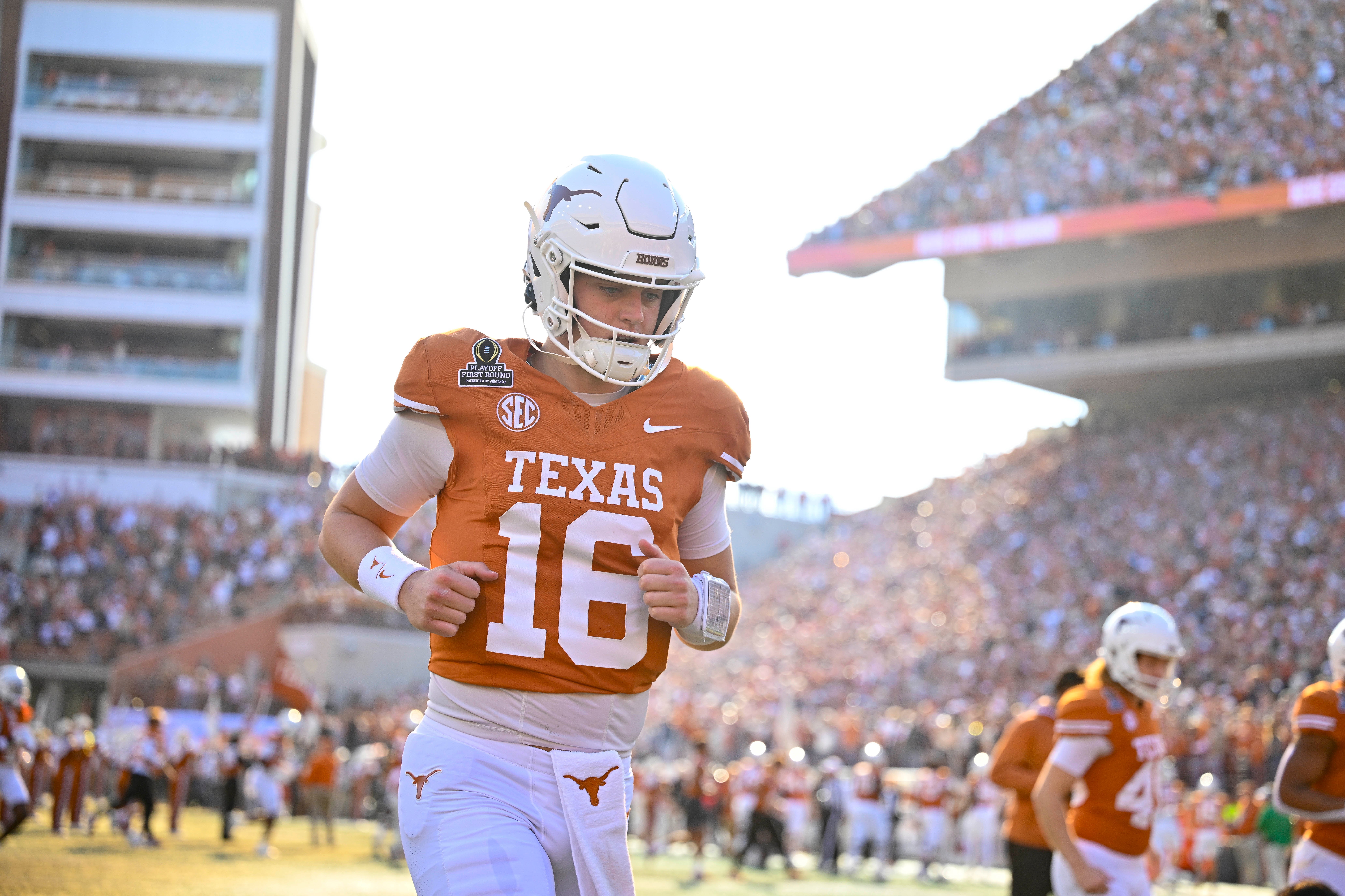 Dec 21, 2024; Austin, Texas, USA; Texas Longhorns quarterback Arch Manning (16) takes the field before the game between the Texas Longhorns and the Clemson Tigers in the CFP National Playoff First Round at Darrell K Royal-Texas Memorial Stadium.