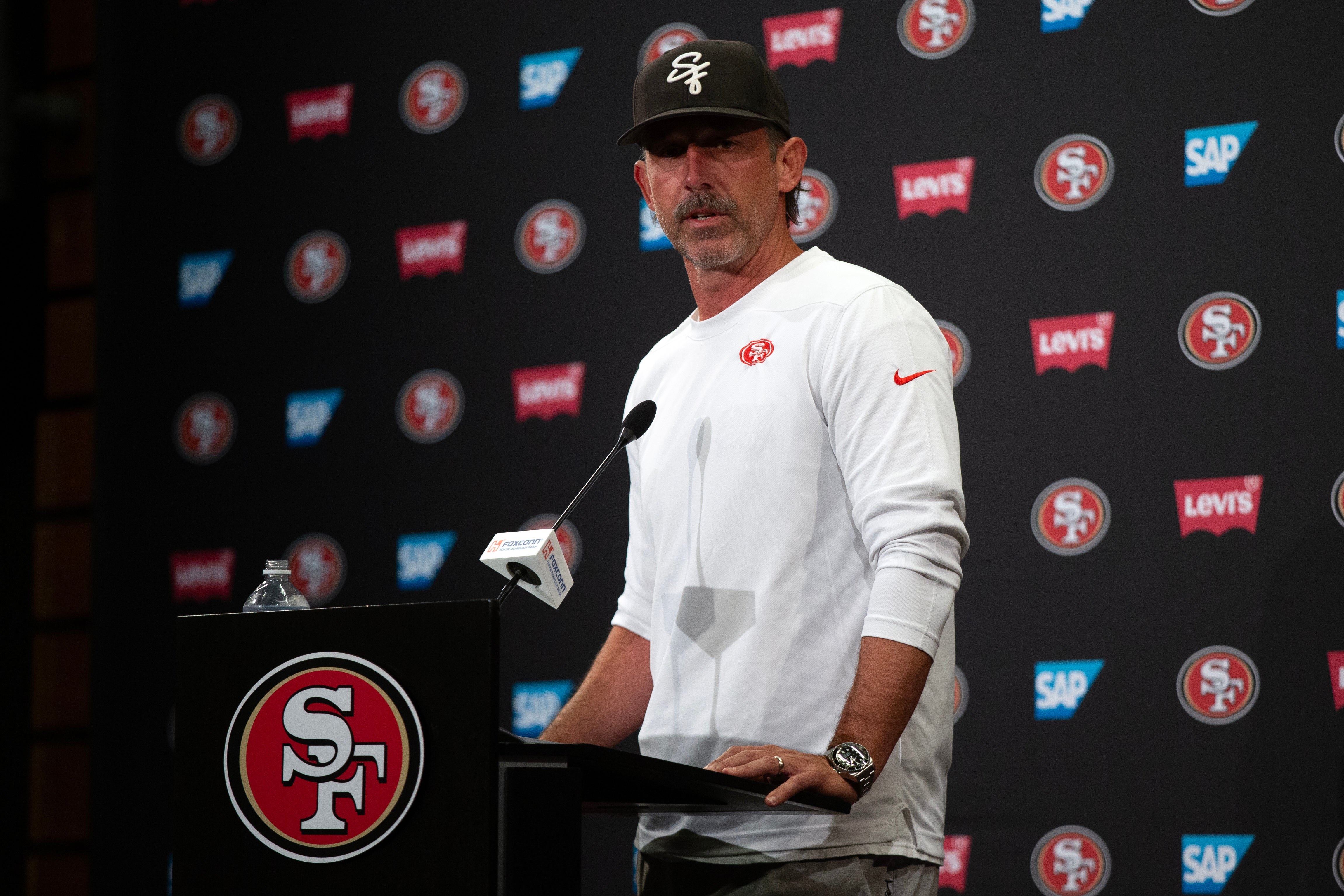 Jun 10, 2025; Santa Clara, CA, USA; San Francisco 49ers head coach Kyle Shanahan speaks to the media following an OTA at Levi's Stadium.