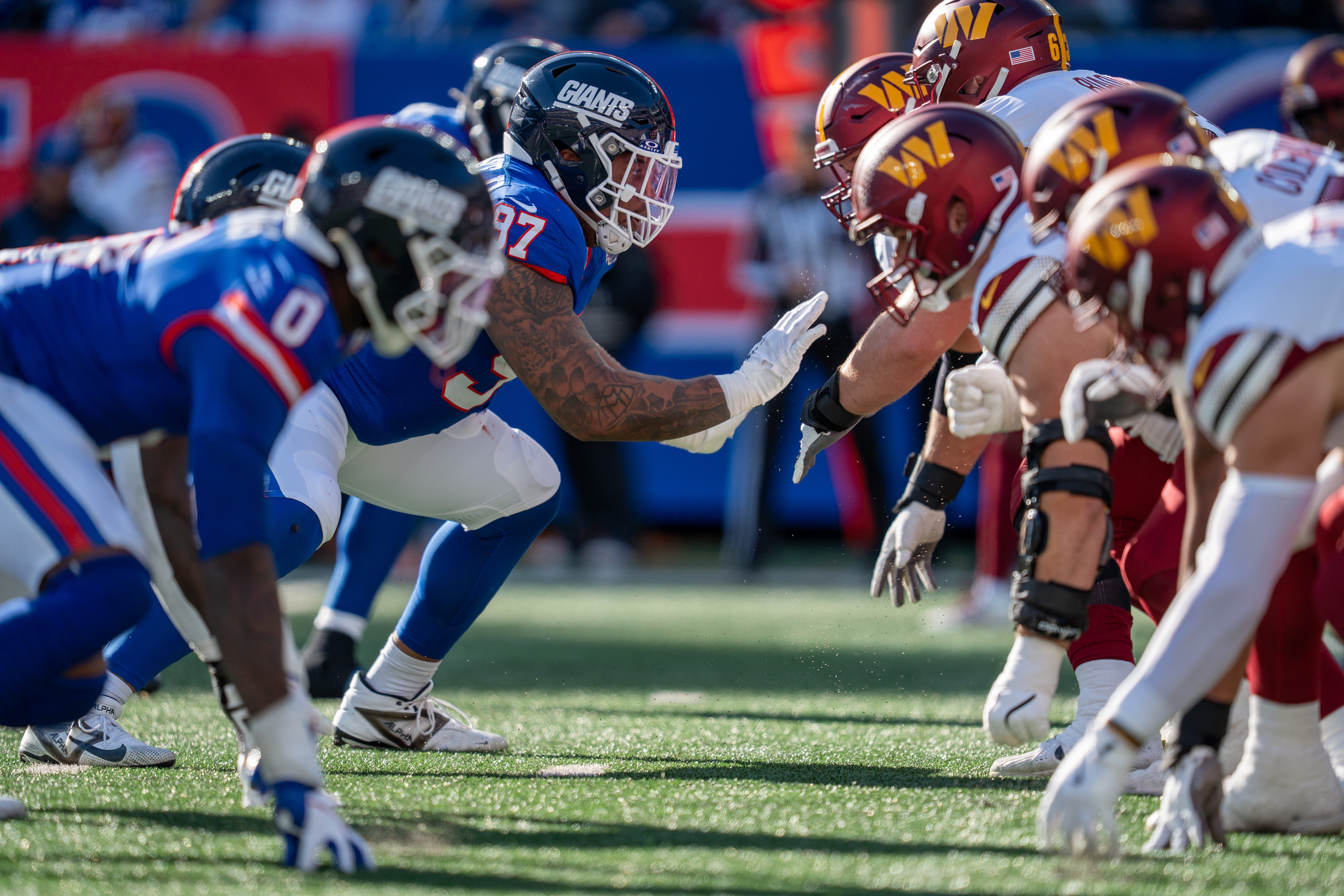 New York Giants defensive tackle Dexter Lawrence II (97) lines up on defense during a game between the New York Giants and the Washington Commanders at MetLife Stadium in East Rutherford on Sunday, Nov. 3, 2024.