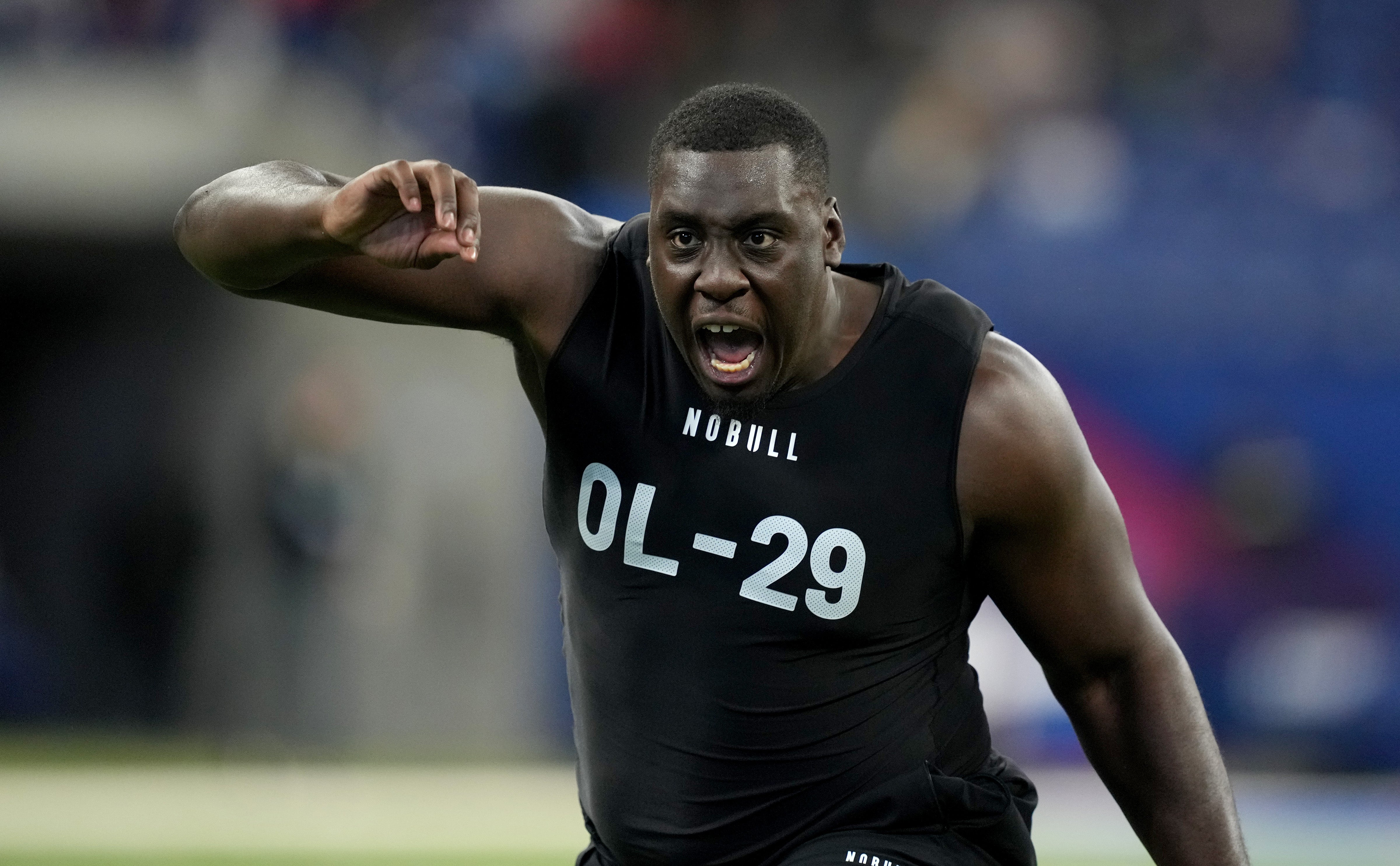 Mar 5, 2023; Indianapolis, IN, USA; Kentucky offensive lineman Tashawn Manning (OL29) during the NFL Scouting Combine at Lucas Oil Stadium.