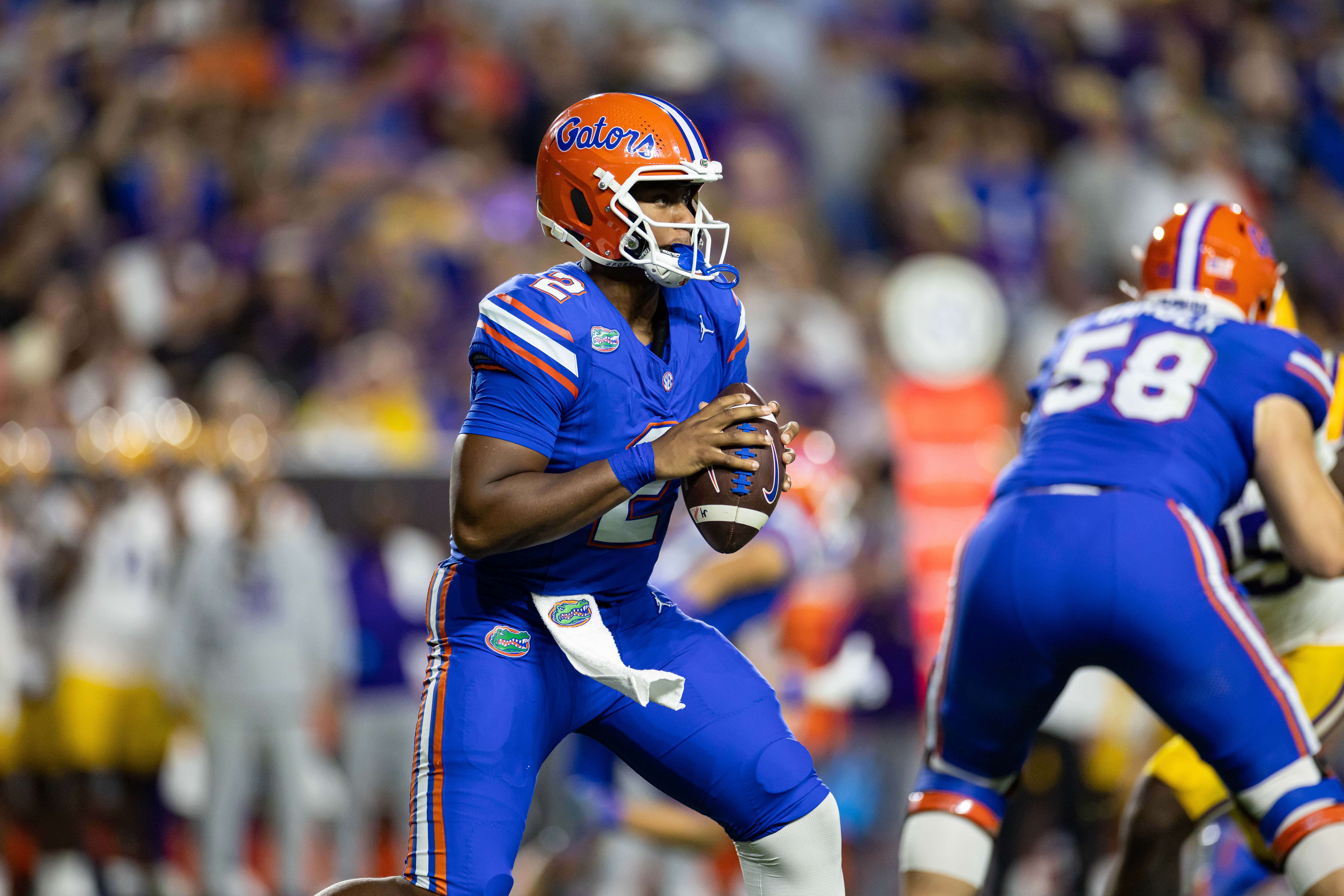 Nov 16, 2024; Gainesville, Florida, USA; Florida Gators quarterback DJ Lagway (2) looks to pass the ball against the LSU Tigers during the second half at Ben Hill Griffin Stadium.