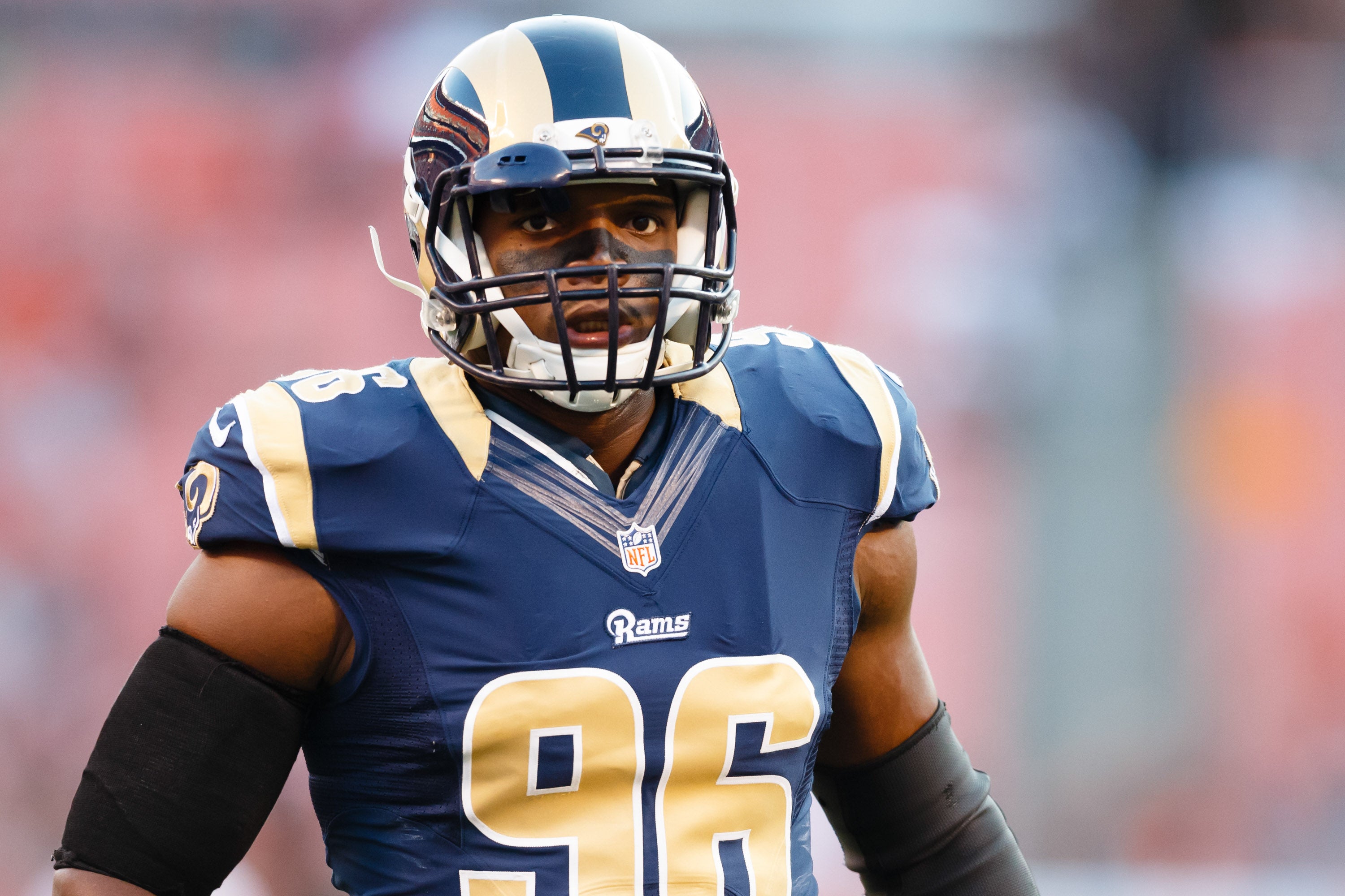 St. Louis Rams defensive end Michael Sam (96) during warm ups before the game against the St. Louis Rams at FirstEnergy Stadium.
