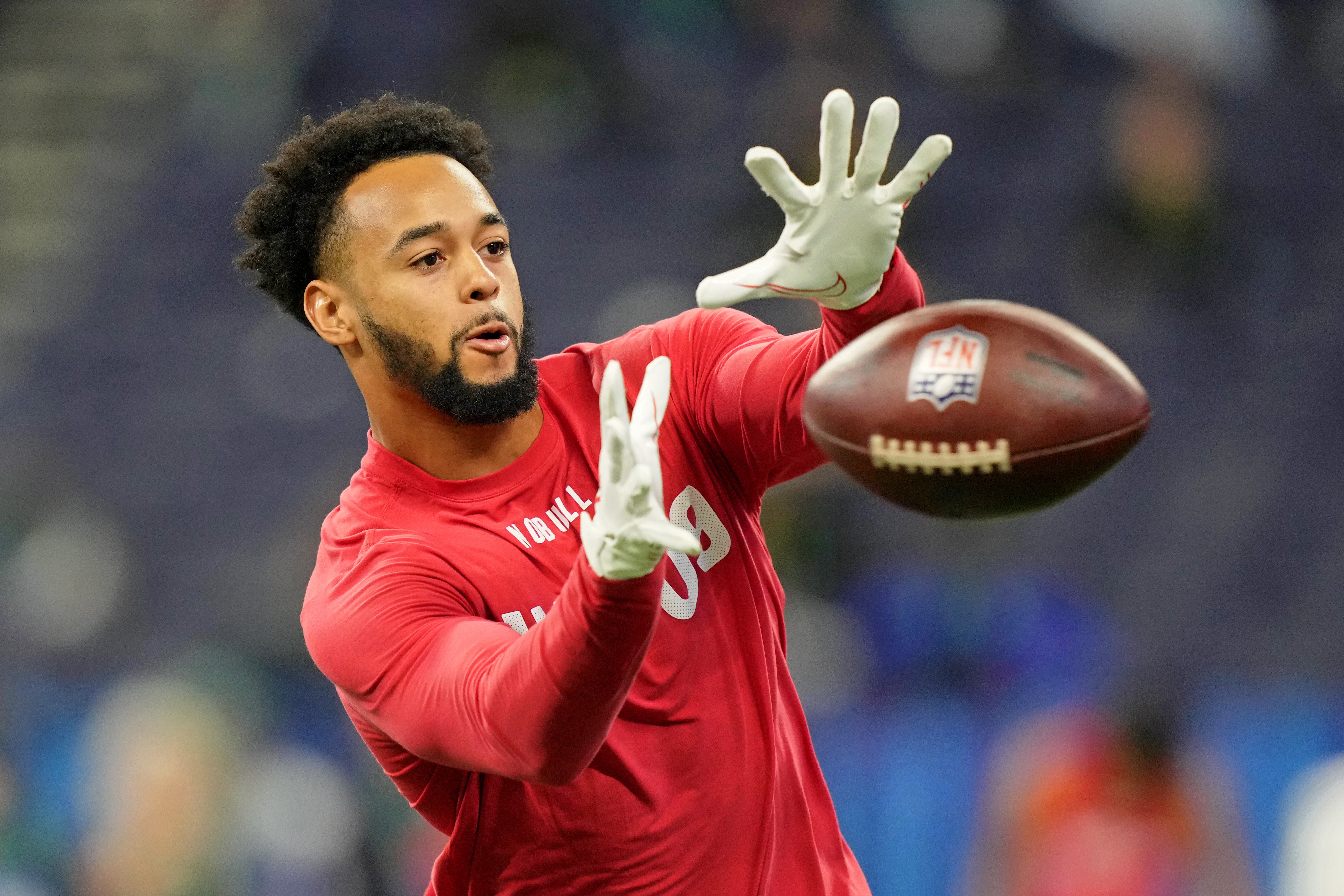 Fresno State wide receiver Jalen Cropper (WO09) participates in drills at Lucas Oil Stadium.