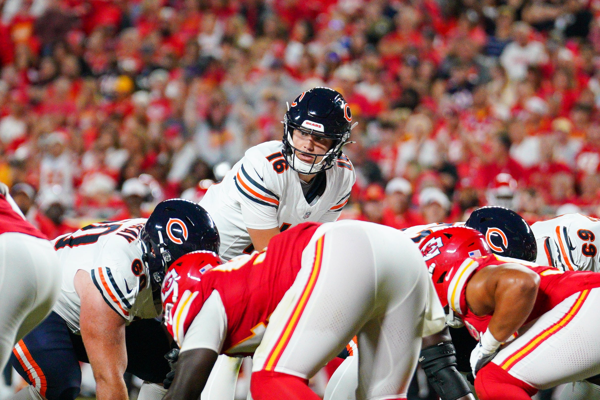 Aug 22, 2024; Kansas City, Missouri, USA; Chicago Bears quarterback Austin Reed (16) goes under center against the Kansas City Chiefs during the game at GEHA Field at Arrowhead Stadium.