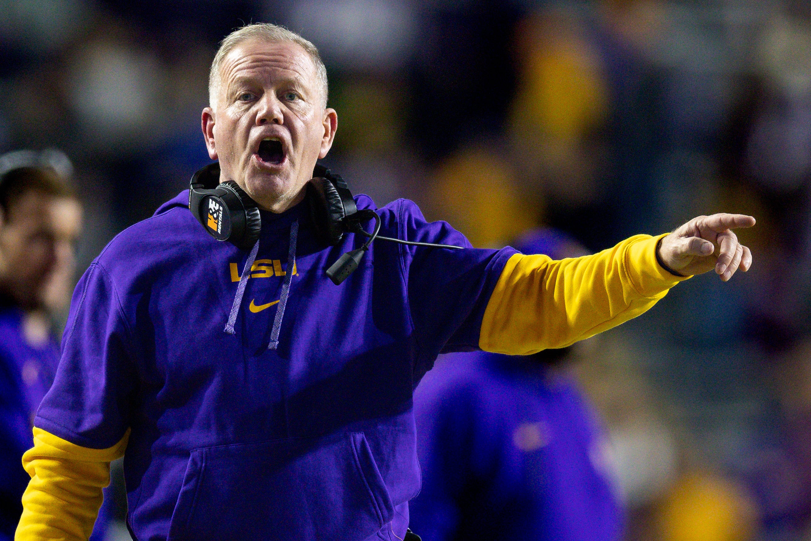 Nov 23, 2024; Baton Rouge, Louisiana, USA; LSU Tigers head coach Brian Kelly reacts to a play against the Vanderbilt Commodores during the second half at Tiger Stadium.