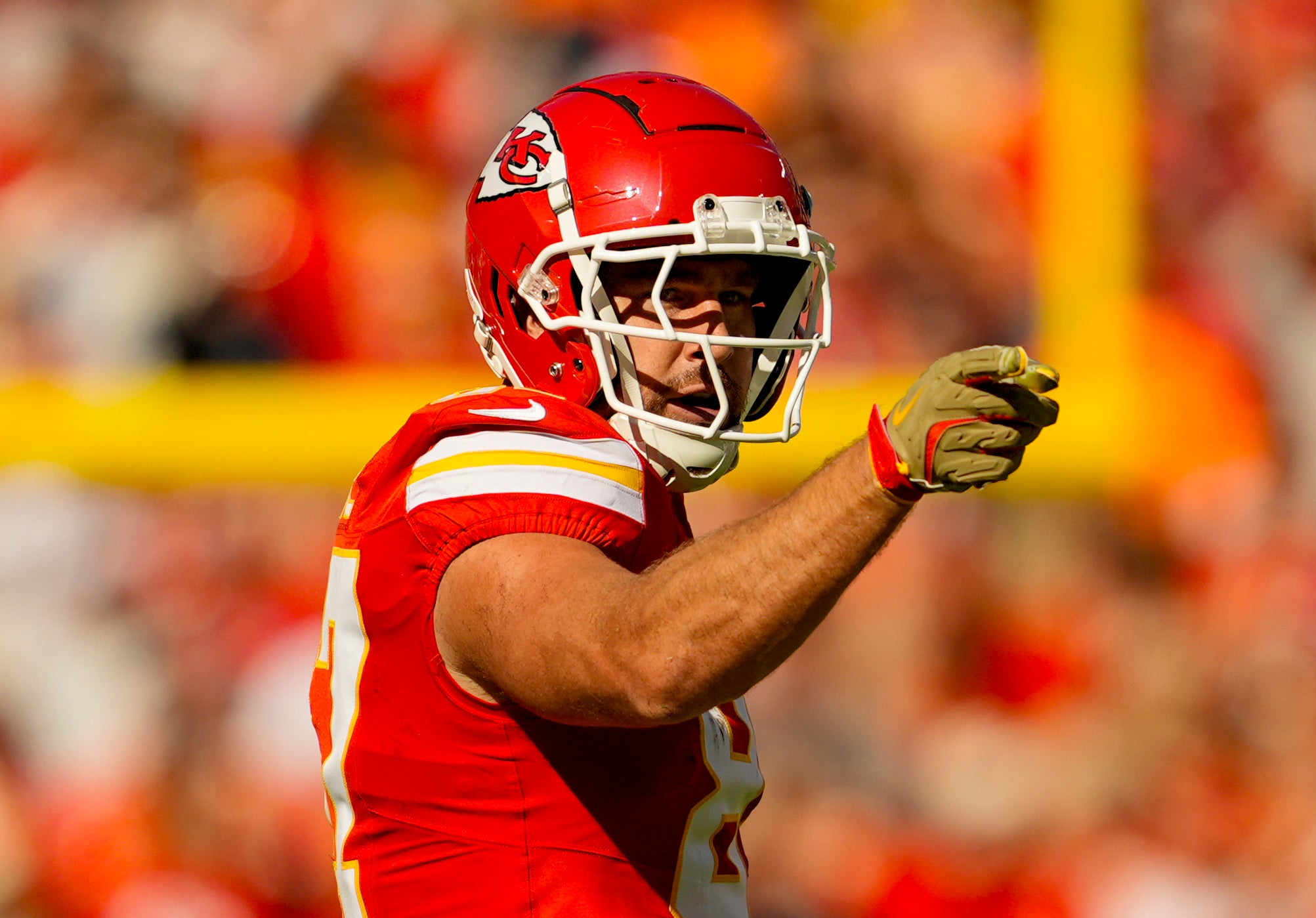 Nov 10, 2024; Kansas City, Missouri, USA; Kansas City Chiefs tight end Travis Kelce (87) celebrates a first down during the first half against the Denver Broncos at GEHA Field at Arrowhead Stadium.